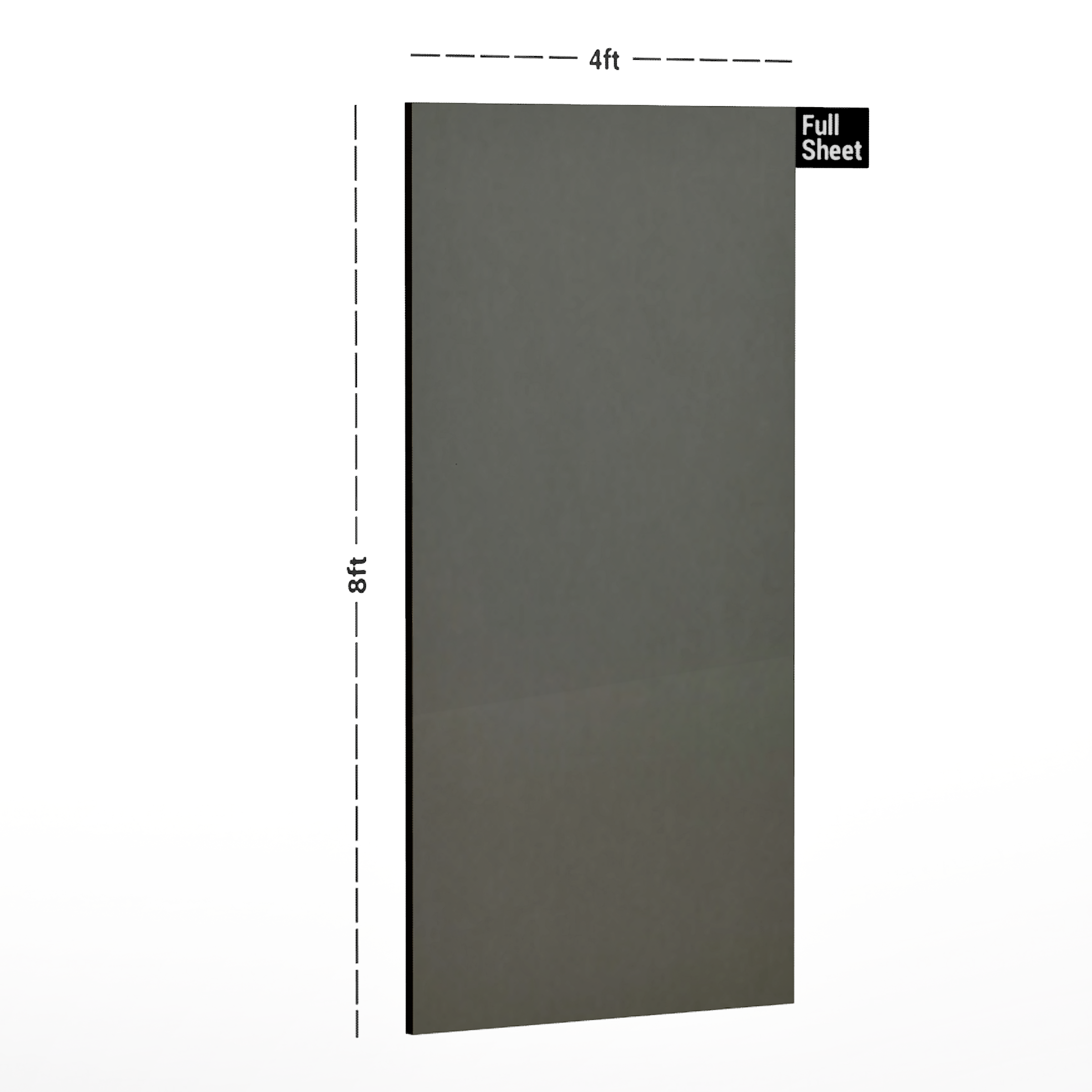 Dimension image of 727 Smoke Matte Finish 8 ft x 4 ft Trend HD Acrylic Laminate - 1 mm in an isometric setup | Material Depot