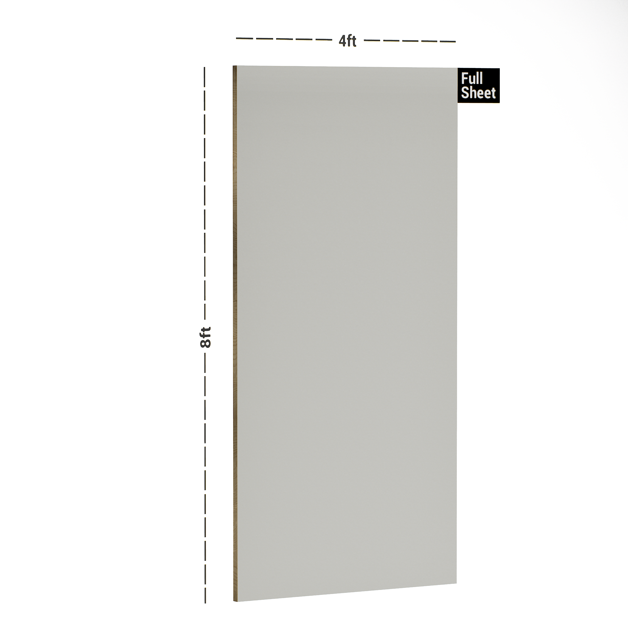 Dimension image of PB 1210 Grey Beige 8 ft x 4 ft Ultra Glass Finish Acrylic Laminate - 2 mm in an isometric setup | Material Depot