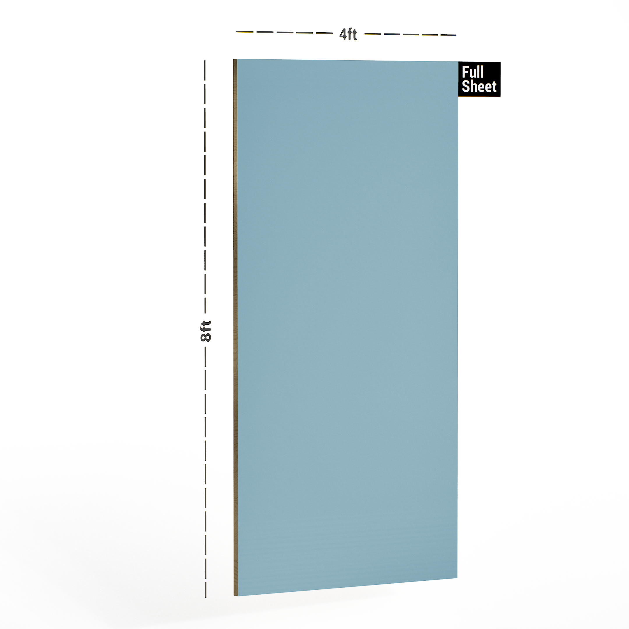 Dimension image of 5154 UG Pastel Blue 8 ft x 4 ft Pastel Ultra Gloss Finish Decorative Laminate - 1 mm in an isometric setup | Material Depot