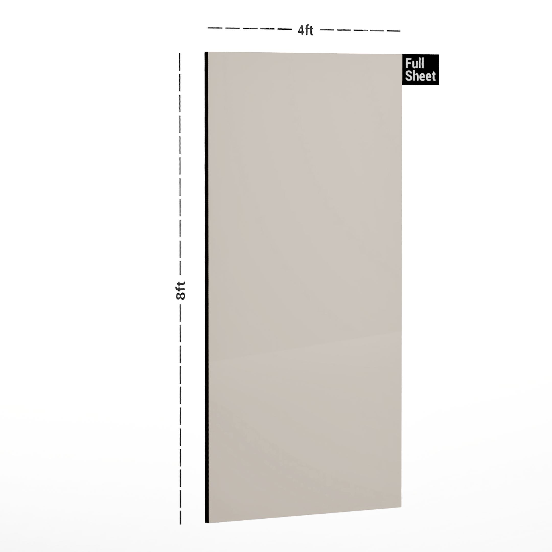 Dimension image of KL 709 Bisque 8 ft x 4 ft Plain Color Finish 6H Anti Scratch Acrylic Laminate 1.5 mm in an isometric setup | Material Depot