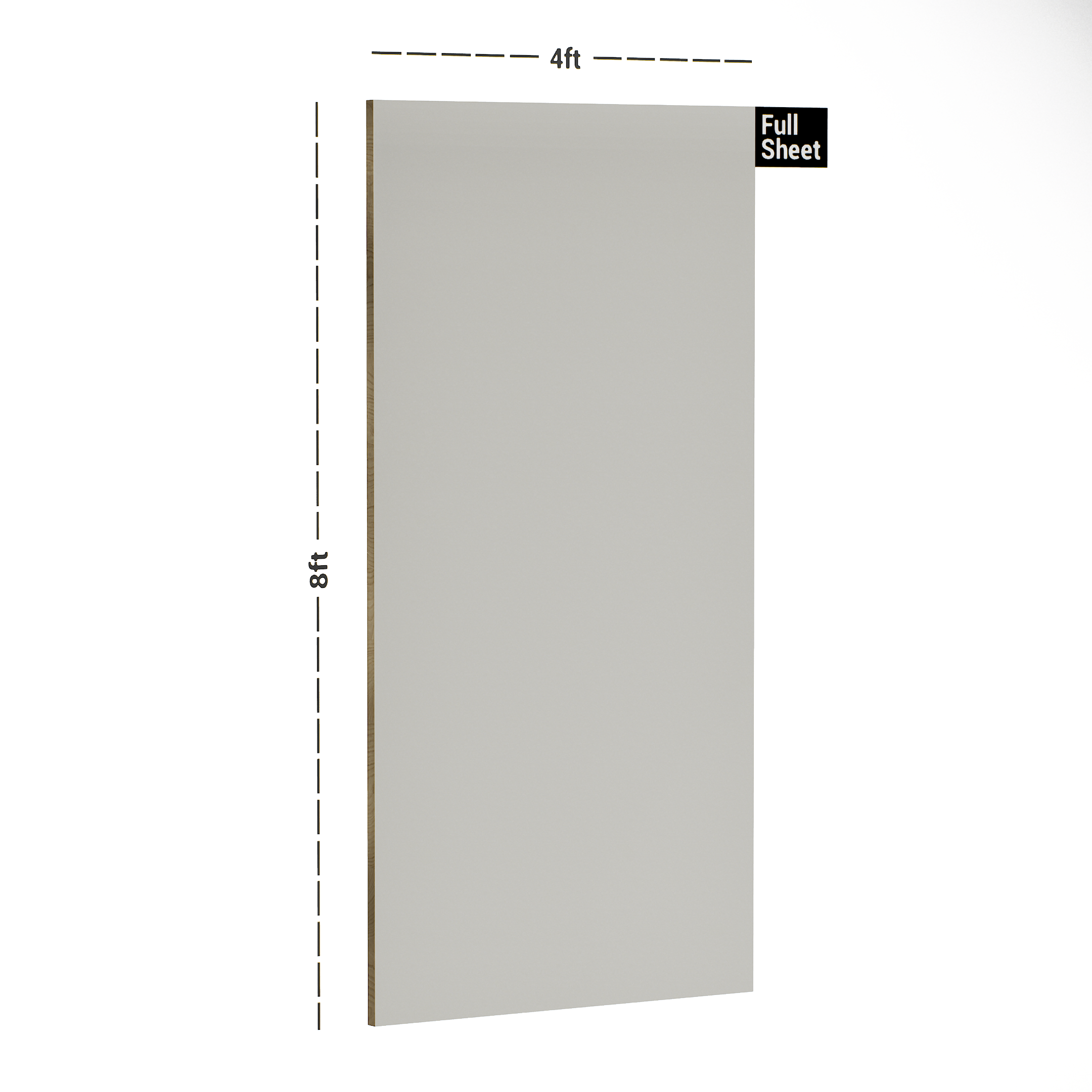 Dimension image of 2059 TM Fresh Grey 8 ft x 4 ft 6H Anti Scratch Acrylic Laminate - 1.3 mm in an isometric setup | Material Depot