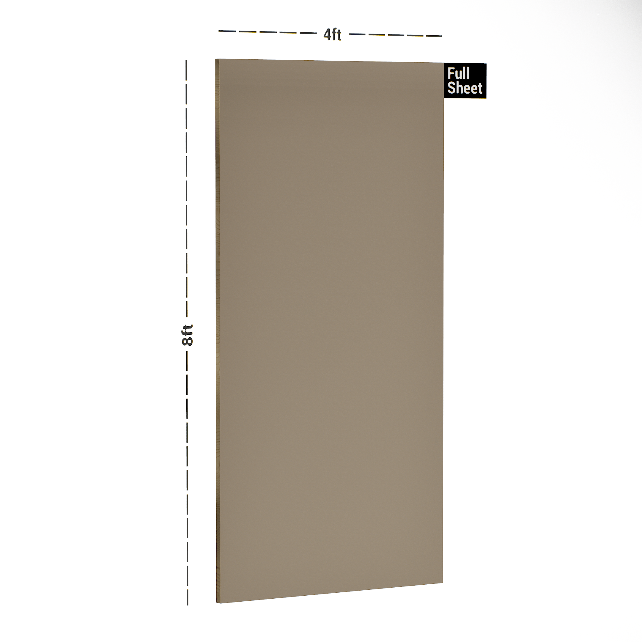 Dimension image of 2055 TM Dense Brown 8 ft x 4 ft 6H Anti Scratch Acrylic Laminate - 1.3 mm in an isometric setup | Material Depot