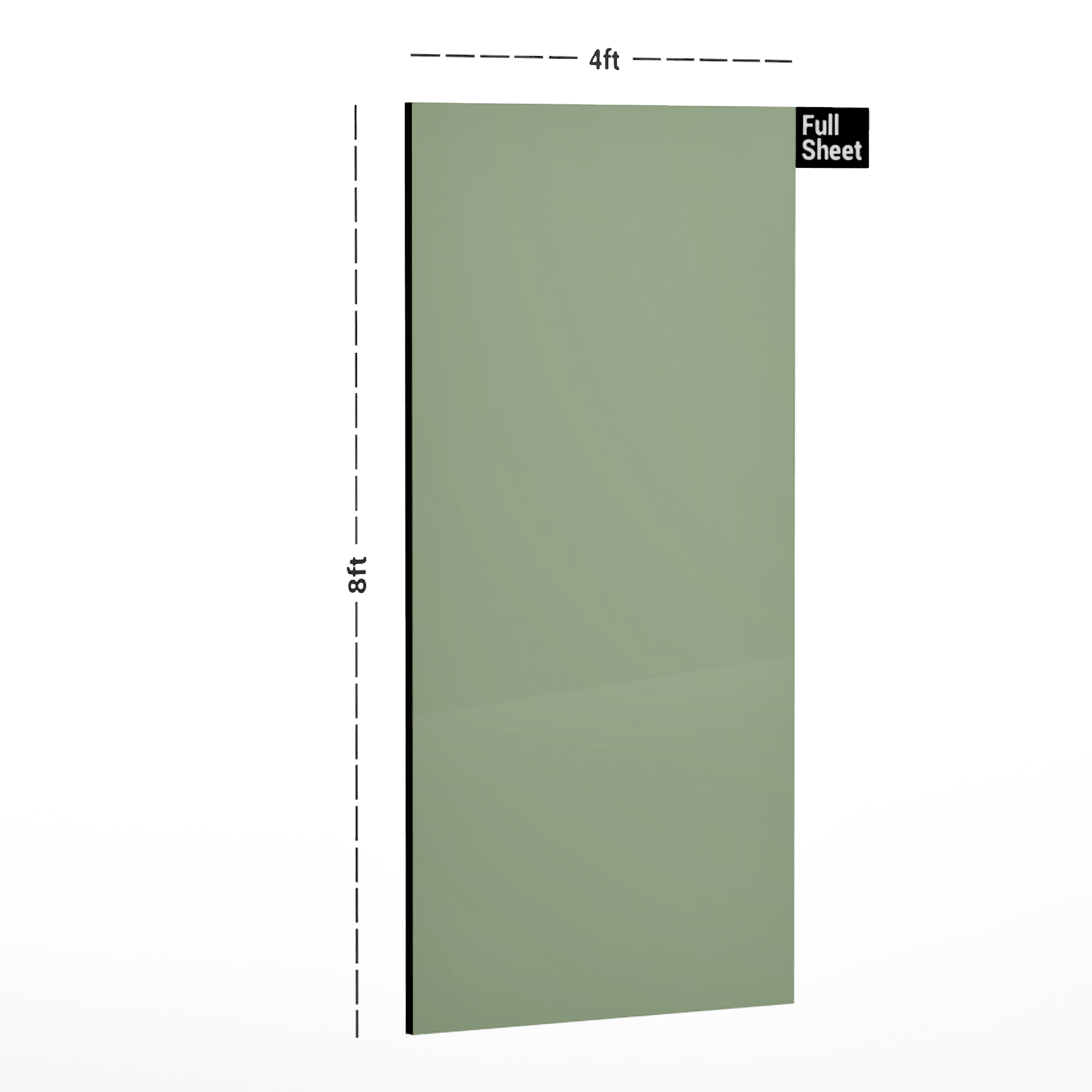 Dimension image of LM 00622 MT Cucumber Green 8 ft x 4 ft Zero Dry Matt Finish Decorative Laminate - 1 mm in an isometric setup | Material Depot