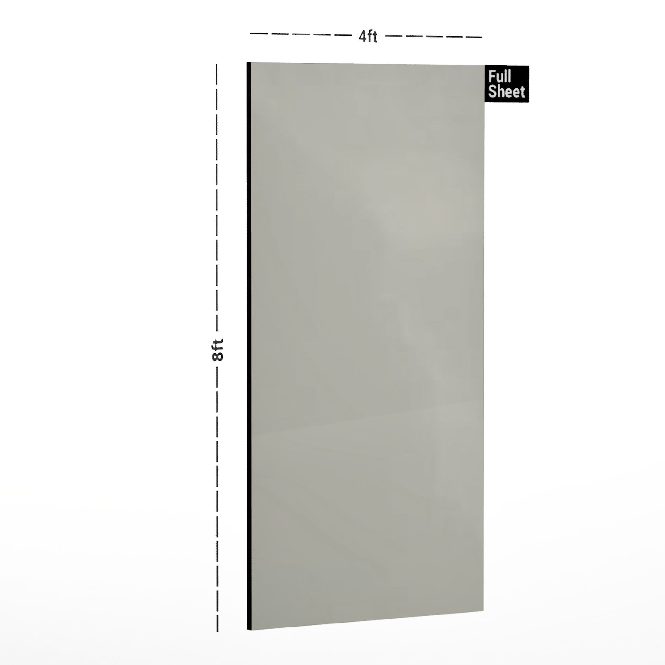 Dimension image of LM 01138 Solids High Gloss Finish 8 ft x 4 ft Acrylic Laminate - 1.5 mm | Matching Edgeband Code - EB 842 in an isometric setup | Material Depot