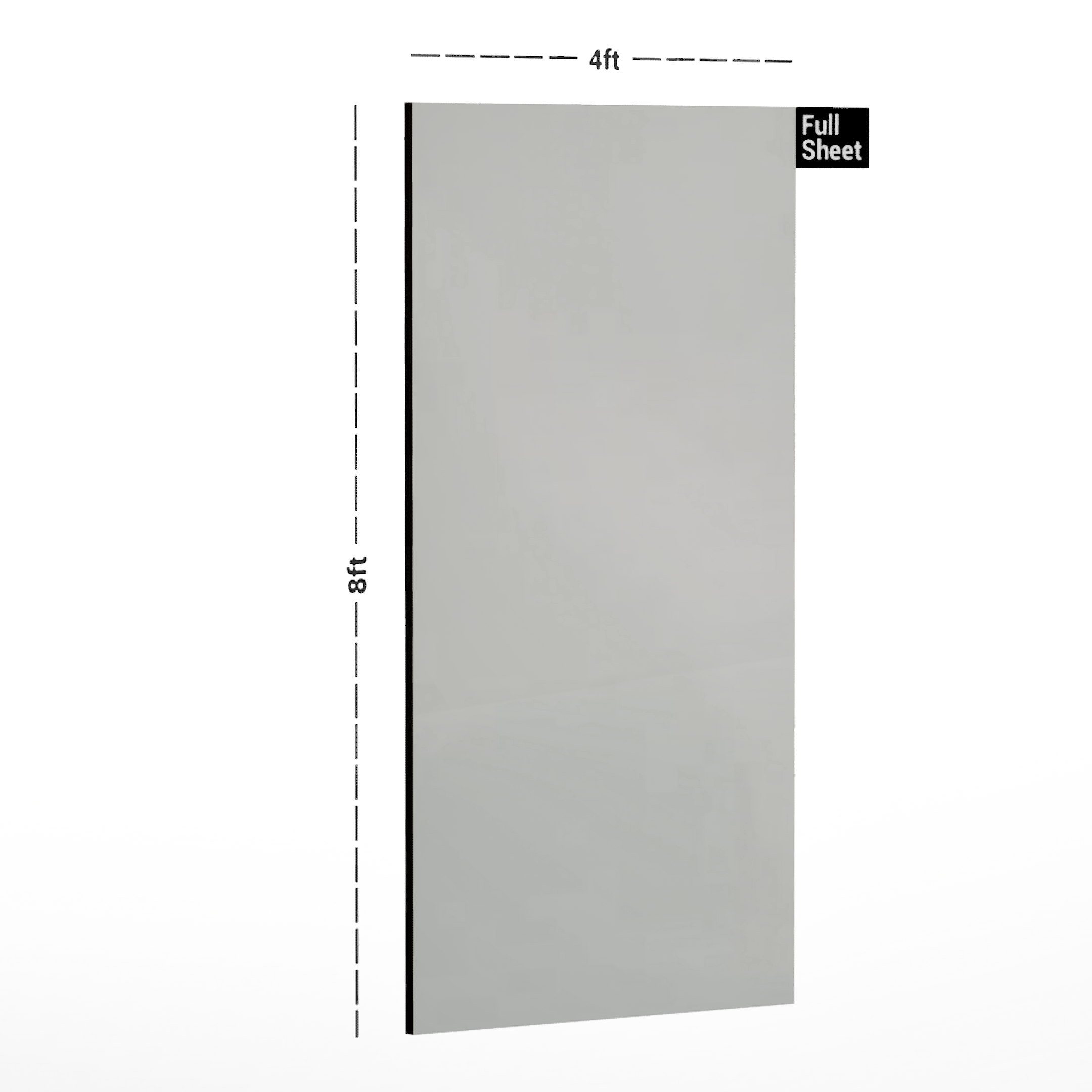 Dimension image of LM 01139 Solids High Gloss Finish 8 ft x 4 ft Acrylic Laminate - 1.5 mm | Matching Edgeband Code - EB 843 in an isometric setup | Material Depot