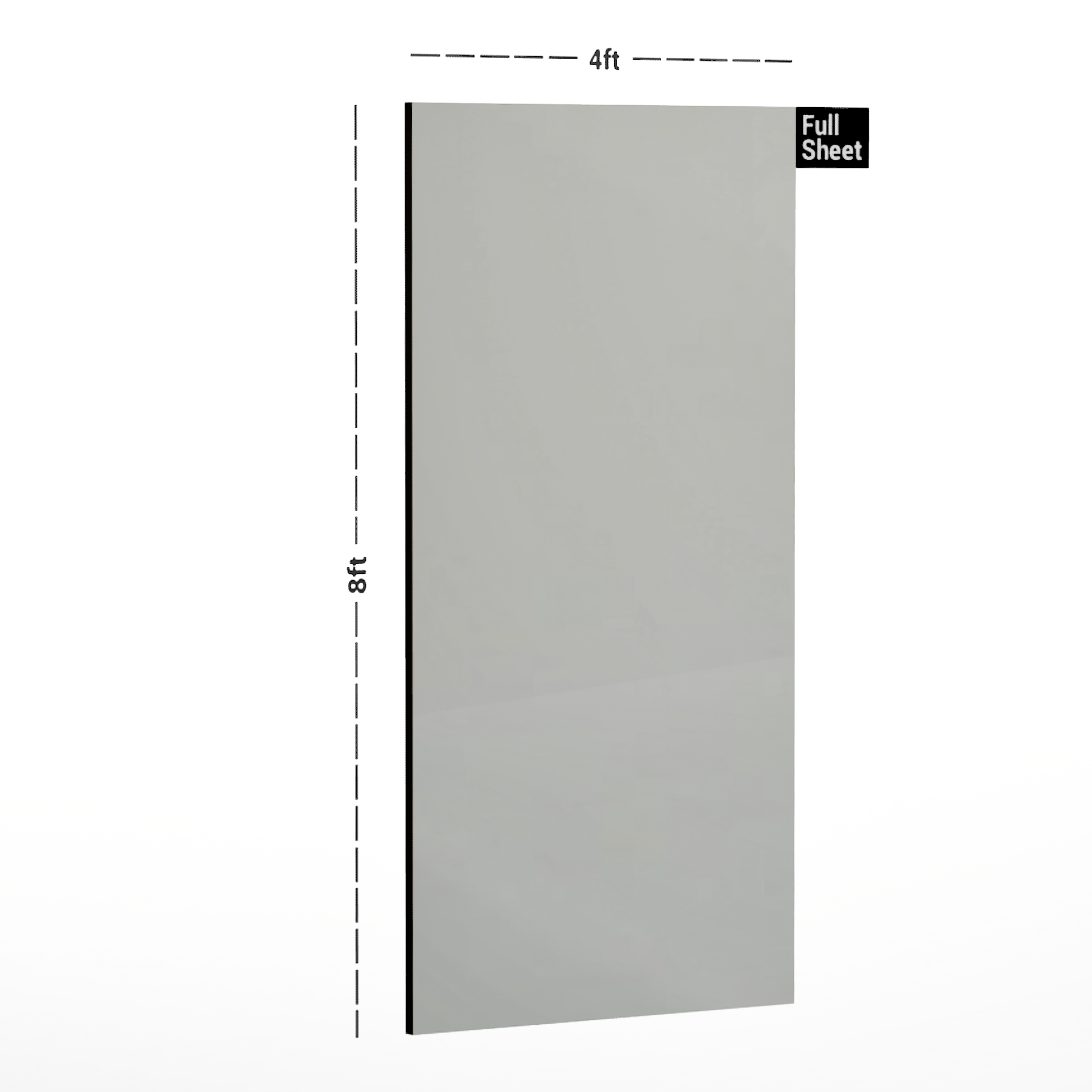 Dimension image of LM 01143 Solids High Gloss Finish 8 ft x 4 ft Acrylic Laminate - 1.5 mm | Matching Edgeband Code - EB 847 in an isometric setup | Material Depot