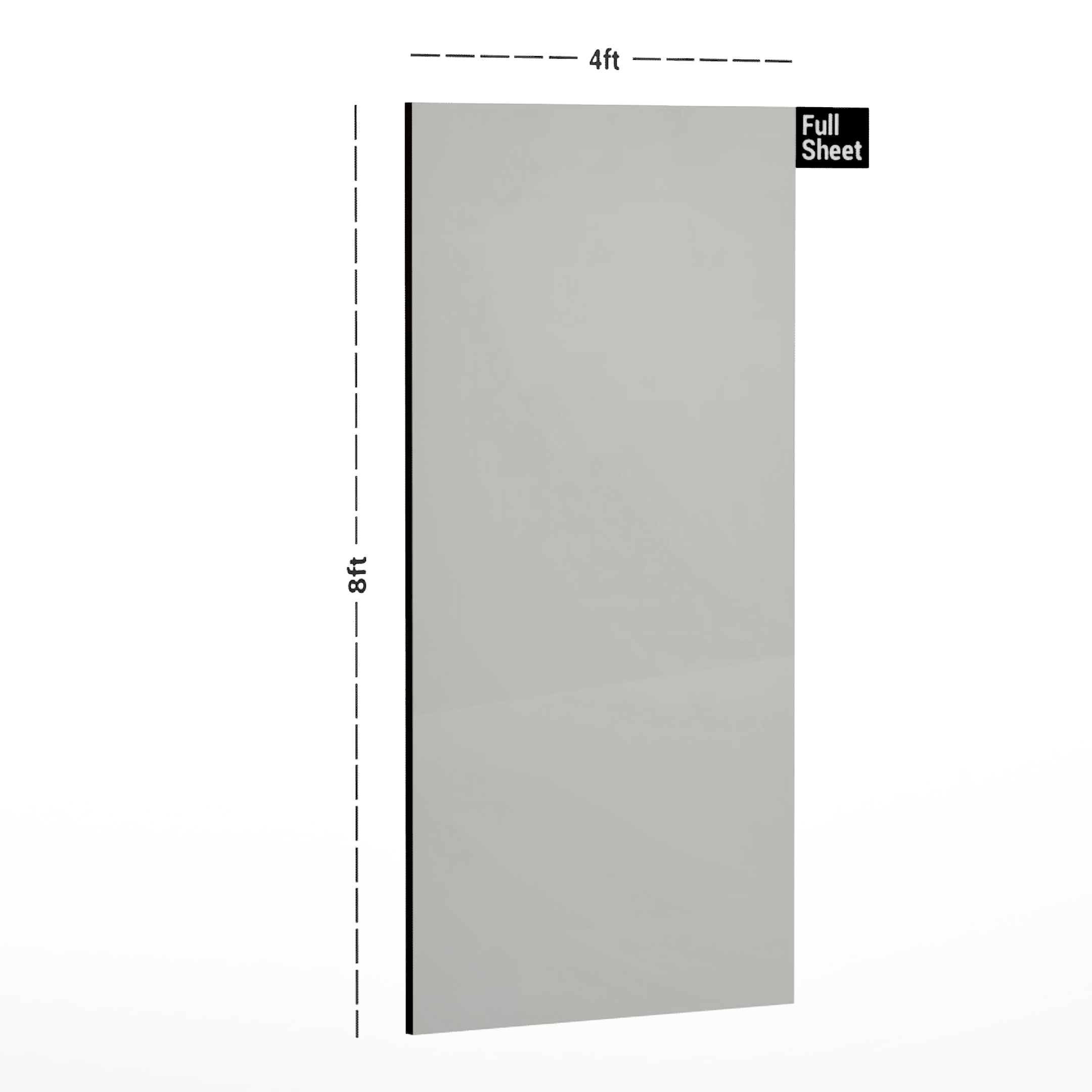 Dimension image of LM 01147 Solids High Gloss Finish 8 ft x 4 ft Acrylic Laminate - 1.5 mm | Matching Edgeband Code - EB 897 in an isometric setup | Material Depot