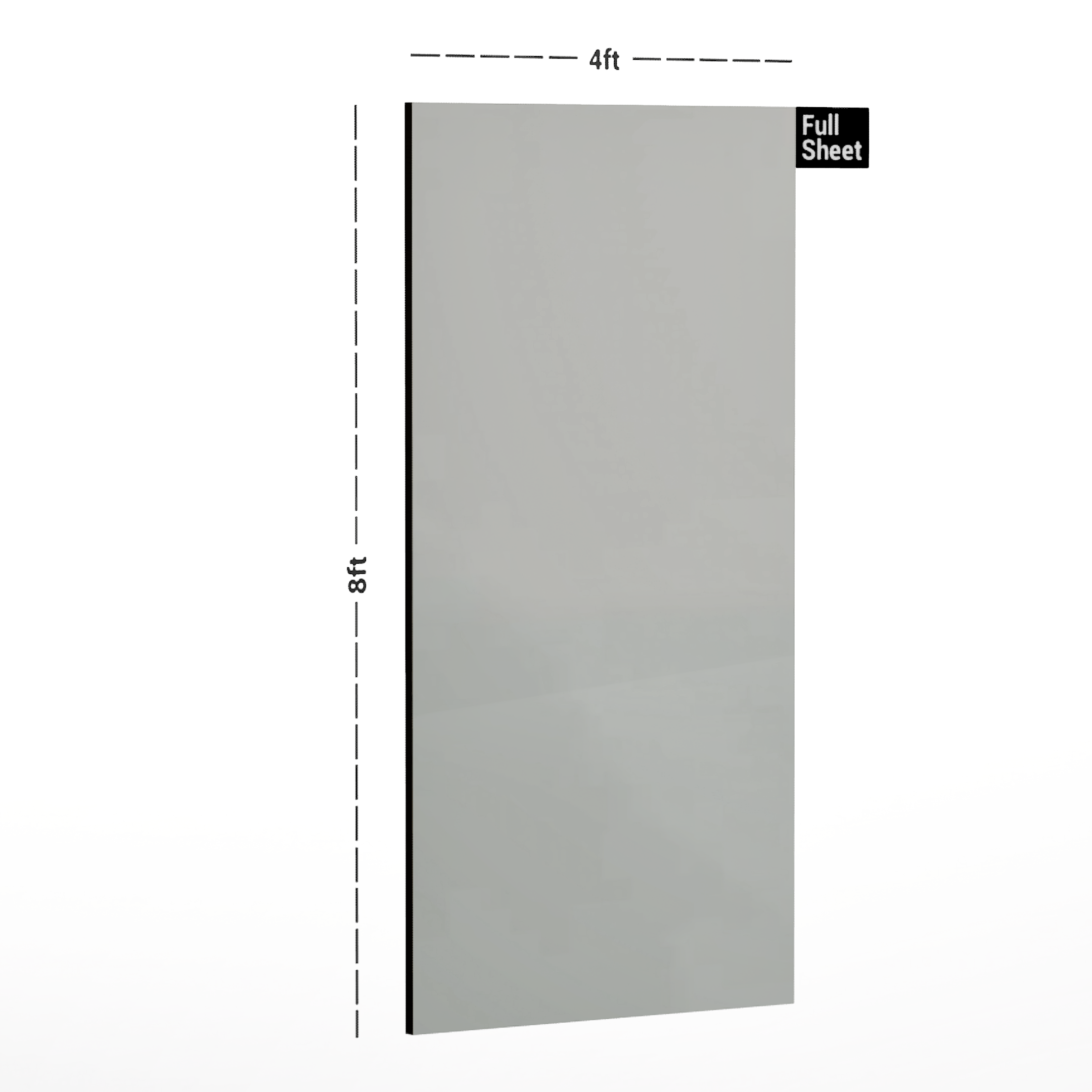 Dimension image of LM 01153 Solids High Gloss Finish 8 ft x 4 ft Acrylic Laminate - 1.5 mm | Matching Edgeband Code - EB 806 in an isometric setup | Material Depot