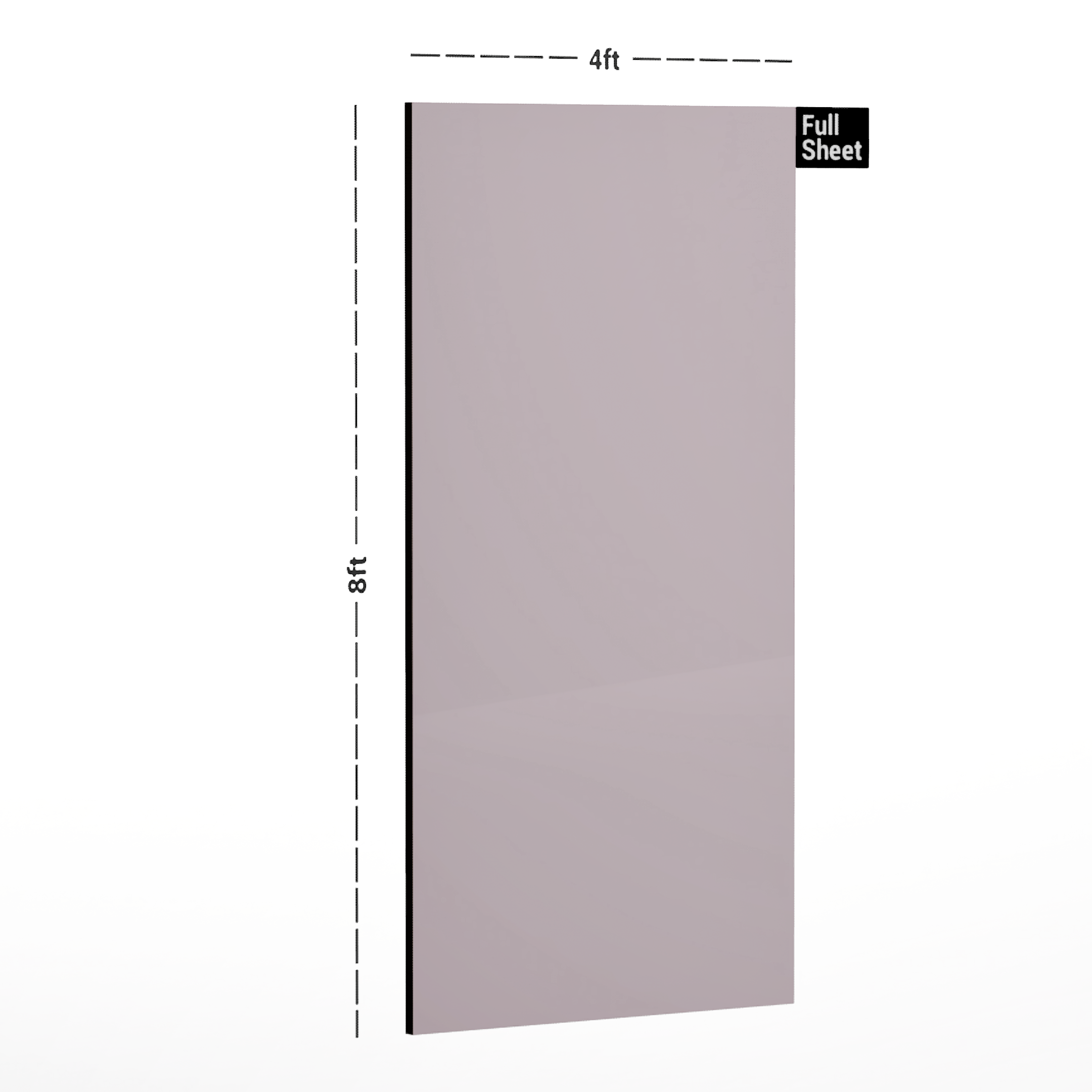 Dimension image of LM 01160 Solids High Gloss Finish 8 ft x 4 ft Acrylic Laminate - 1.5 mm | Matching Edgeband Code - EB 890 in an isometric setup | Material Depot