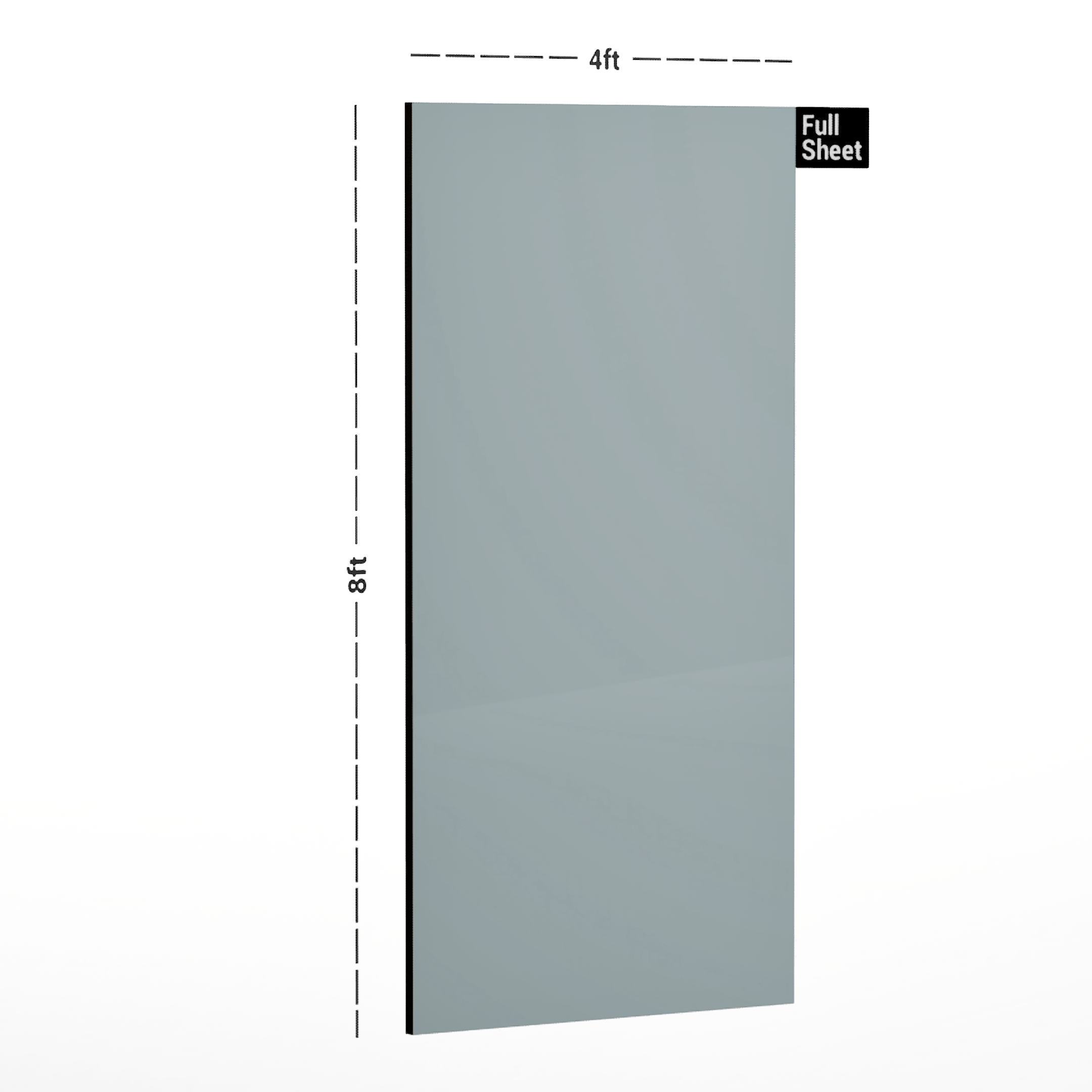 Dimension image of LM 01164 Solids High Gloss Finish 8 ft x 4 ft Acrylic Laminate - 1.5 mm | Matching Edgeband Code - EB 889 in an isometric setup | Material Depot