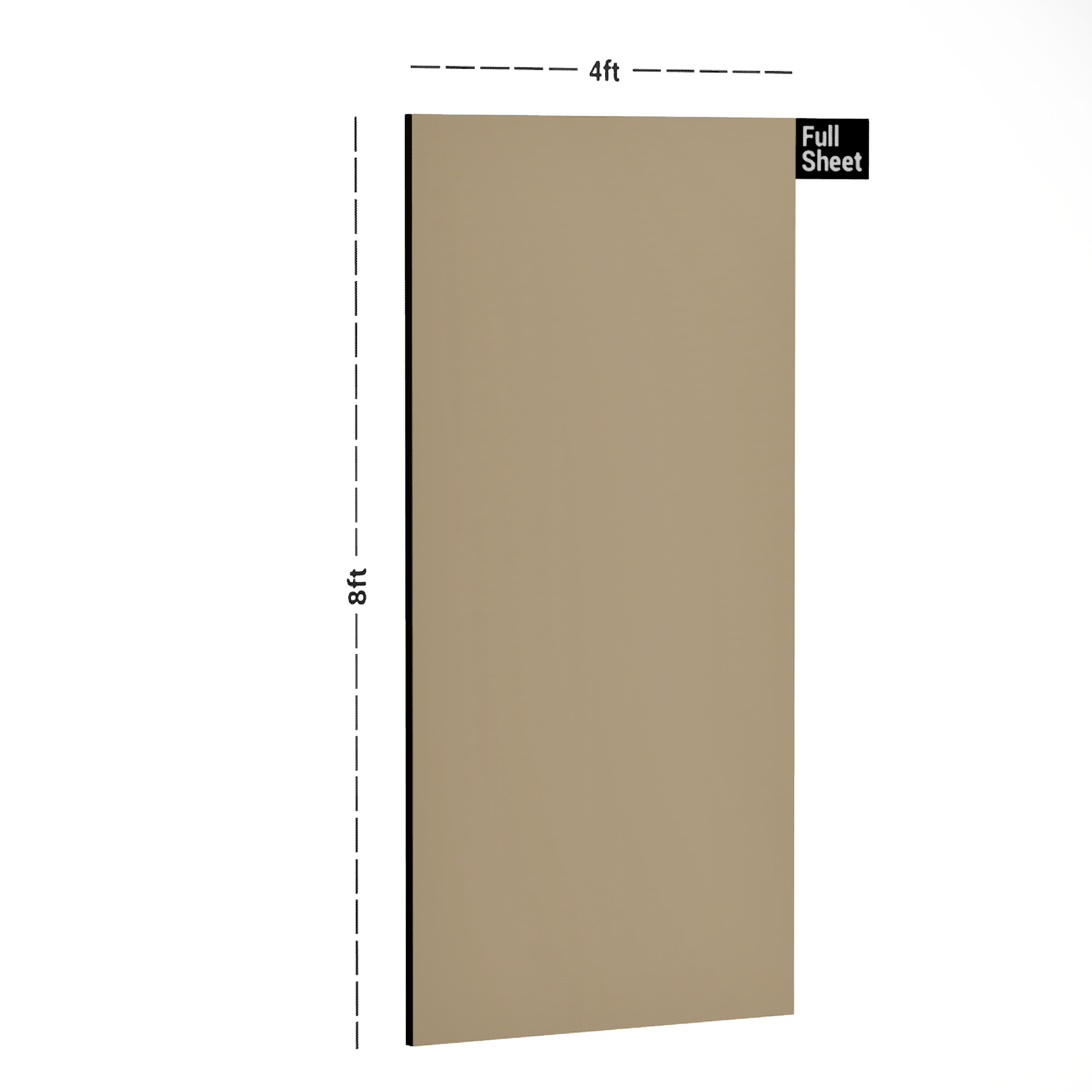 Dimension image of PT 136 8 ft x 4 ft High Gloss Finish 6H Anti Scratch Acrylic Laminate - 1.5 mm | Matching Edgeband Code - EB 136 in an isometric setup | Material Depot