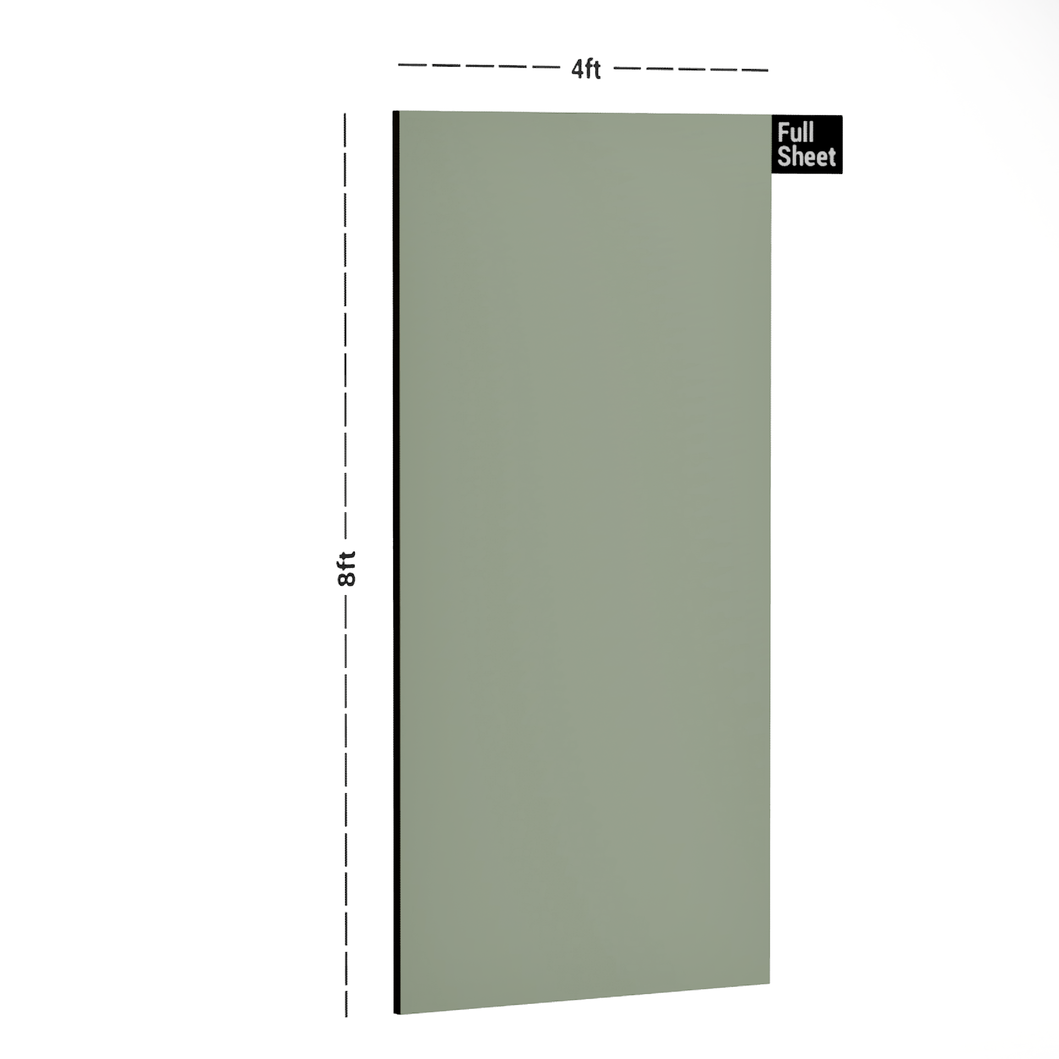 Dimension image of 11038 SMS Gecko Green 8 ft x 4 ft Matte Finish Decorative Laminate - 1mm in an isometric setup | Material Depot