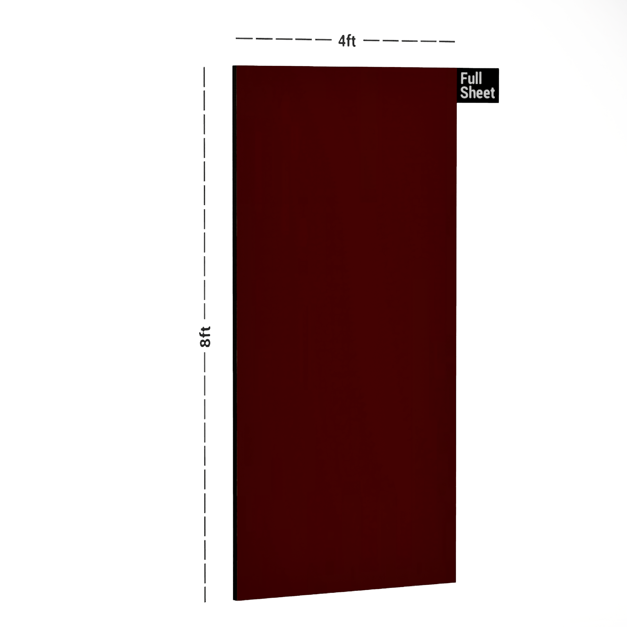 Dimension image of 80195 GL Blood Red 8 ft x 4 ft Glossy Finish Liner Laminate - 0.8 mm in an isometric setup | Material Depot