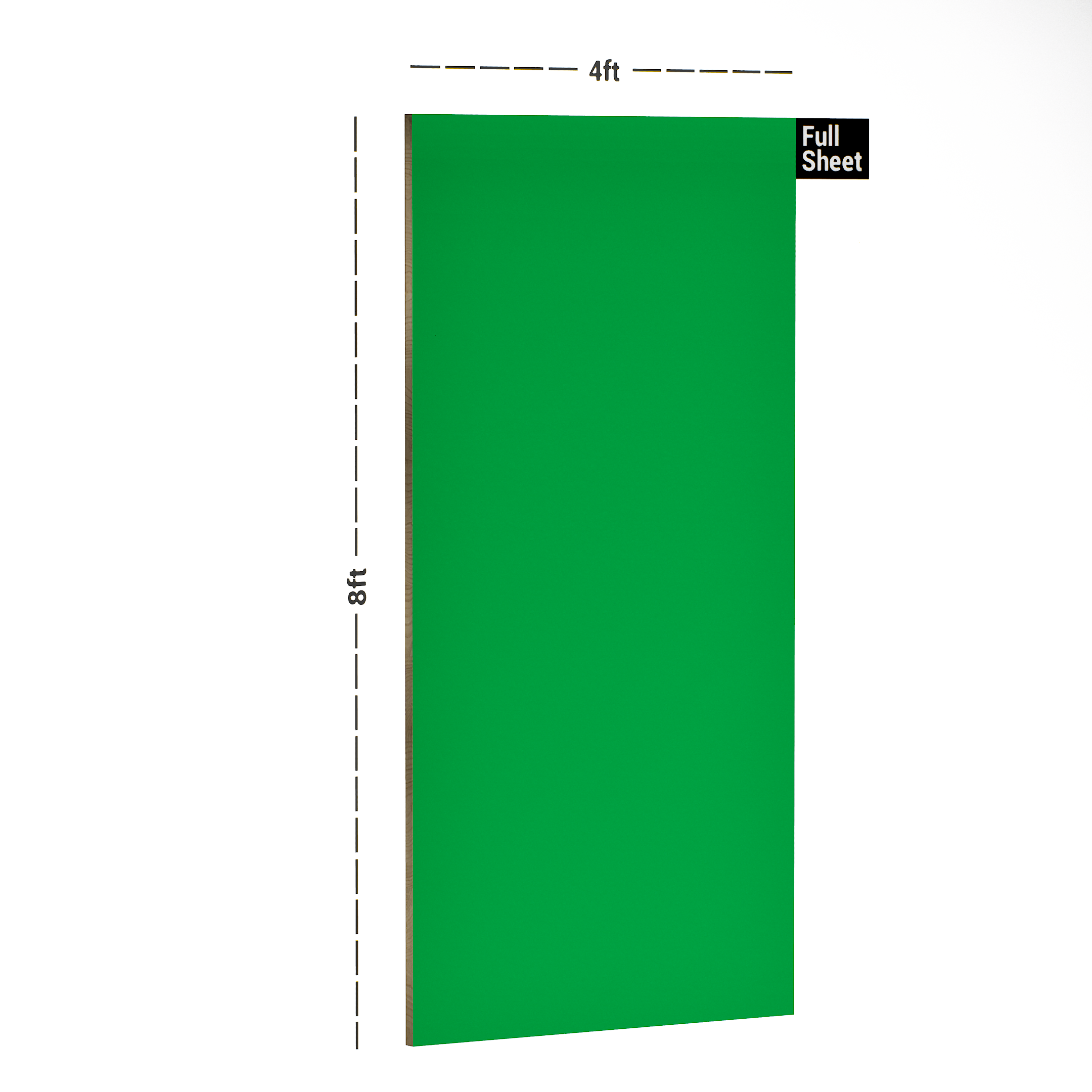 Dimension image of 652 SHG Bloom Green 8 ft x 4 ft High Gloss Finish Solid Liner Laminate - 0.8 mm in an isometric setup | Material Depot