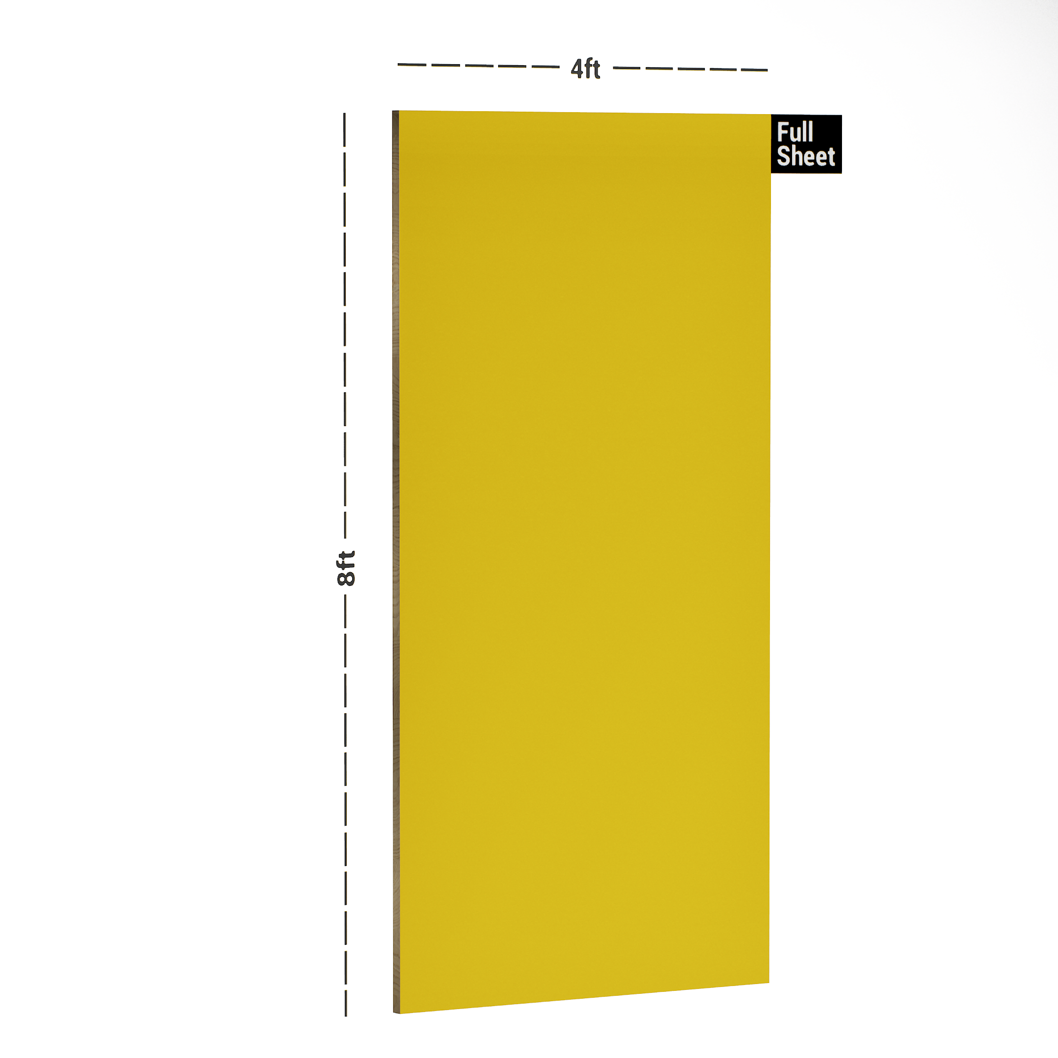 Dimension image of 654 SHG Yellow 8 ft x 4 ft High Gloss Finish Solid Liner Laminate - 0.8 mm in an isometric setup | Material Depot