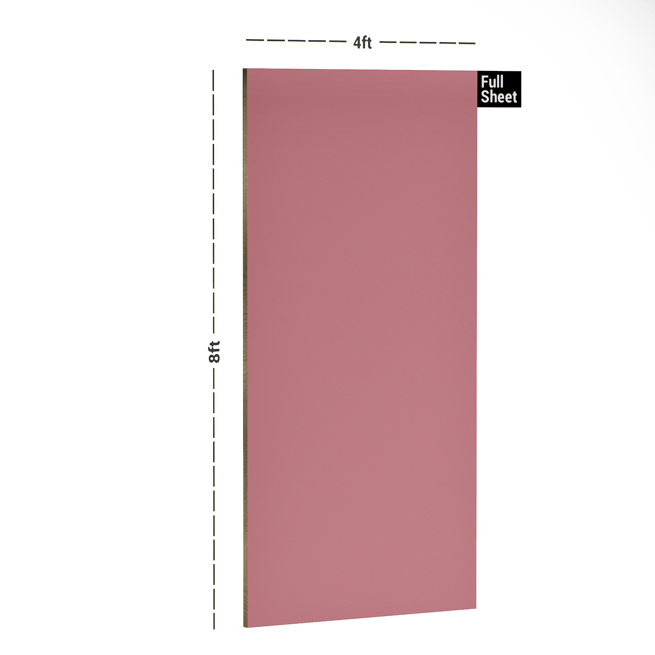 Dimension image of LM 10481 HGL | Baby Pink 8 ft x 4 ft High Gloss Finish Decorative Laminate - 1 mm in an isometric setup | Material Depot