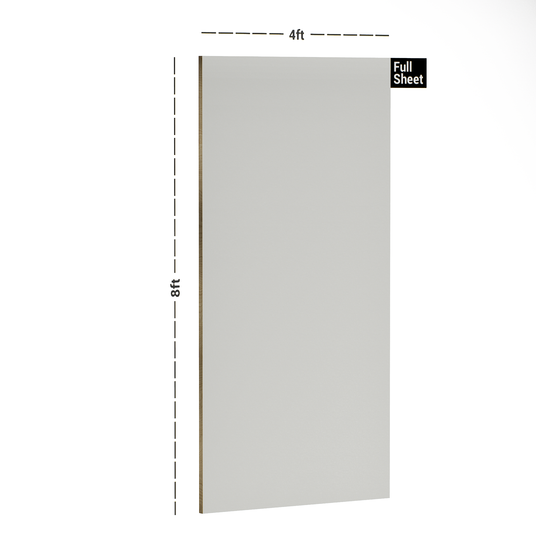 Dimension image of LM 10500 C SMT | Super White 8 ft x 4 ft Super Matte Finish Decorative Laminate - 1 mm in an isometric setup | Material Depot