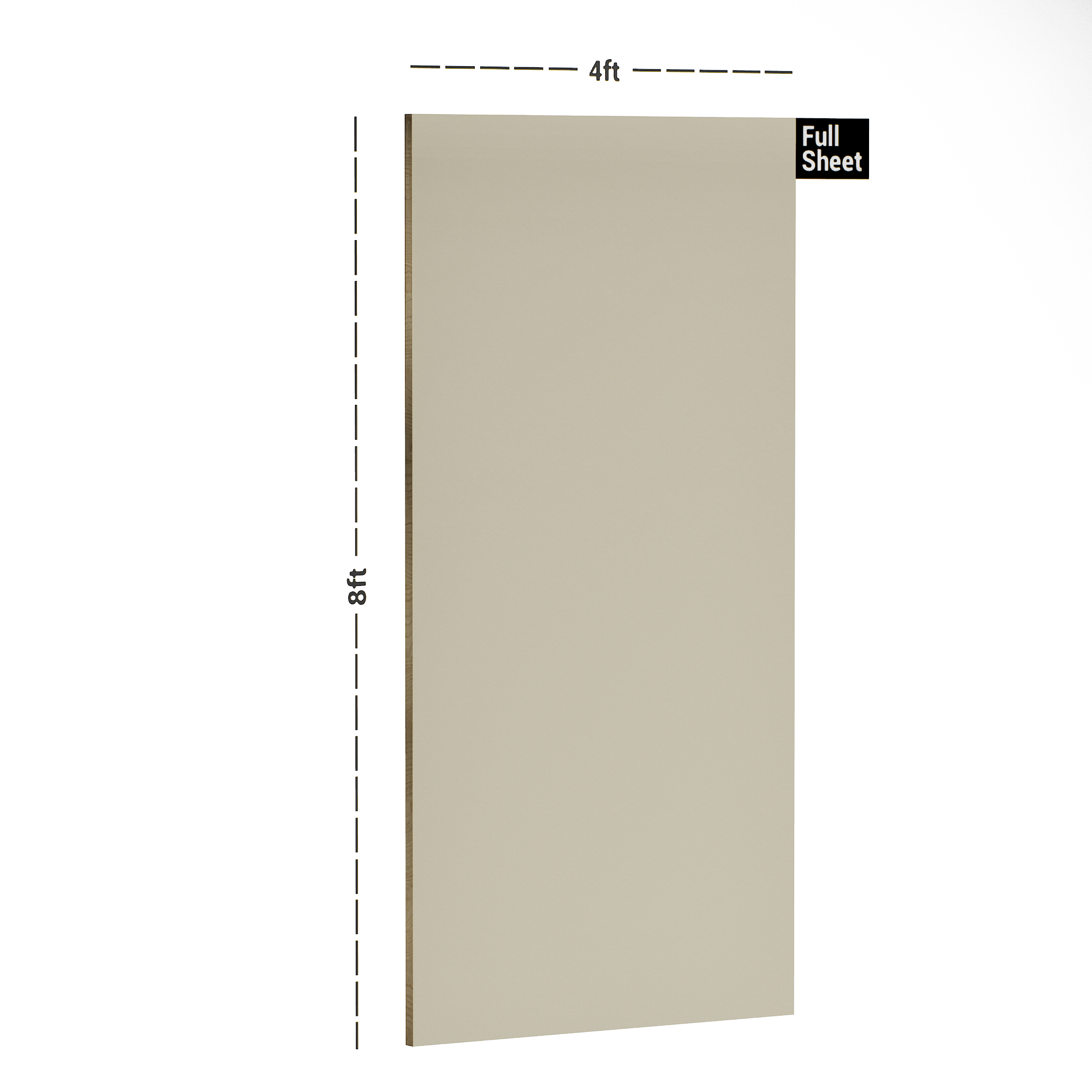 Dimension image of LM 10501 B HGL | Almond Beige 8 ft x 4 ft High Gloss Finish Decorative Laminate - 1 mm in an isometric setup | Material Depot