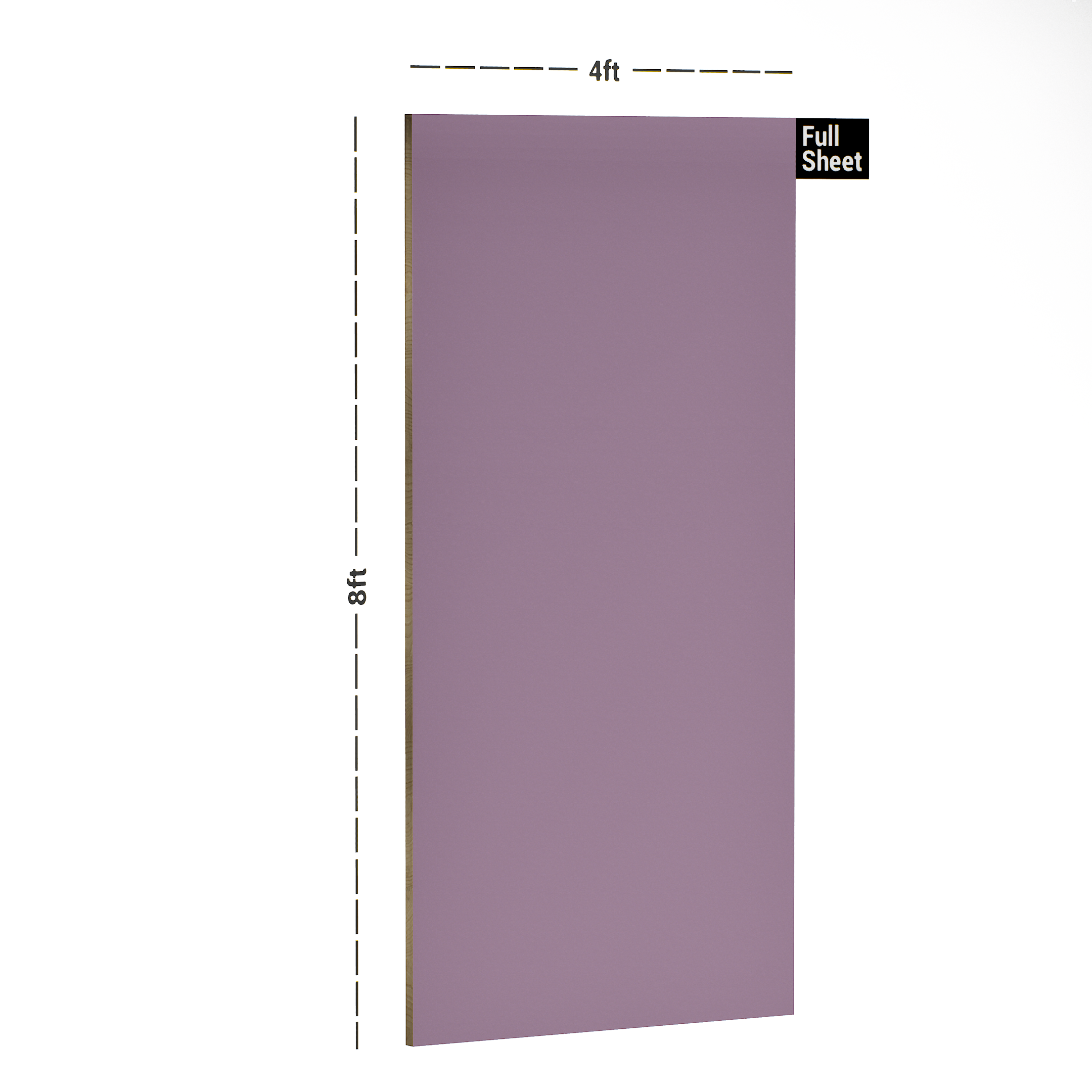 Dimension image of LM 10515 HGL | Light Purple 8 ft x 4 ft High Gloss Finish Decorative Laminate - 1 mm in an isometric setup | Material Depot