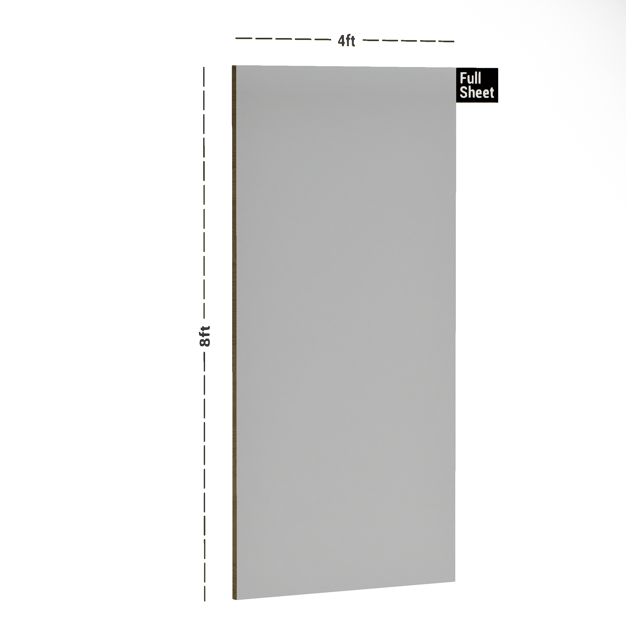 Dimension image of 4139 SF Ash Grey 8 ft x 4 ft Suede Finish Decorative Laminate - 1 mm in an isometric setup | Material Depot