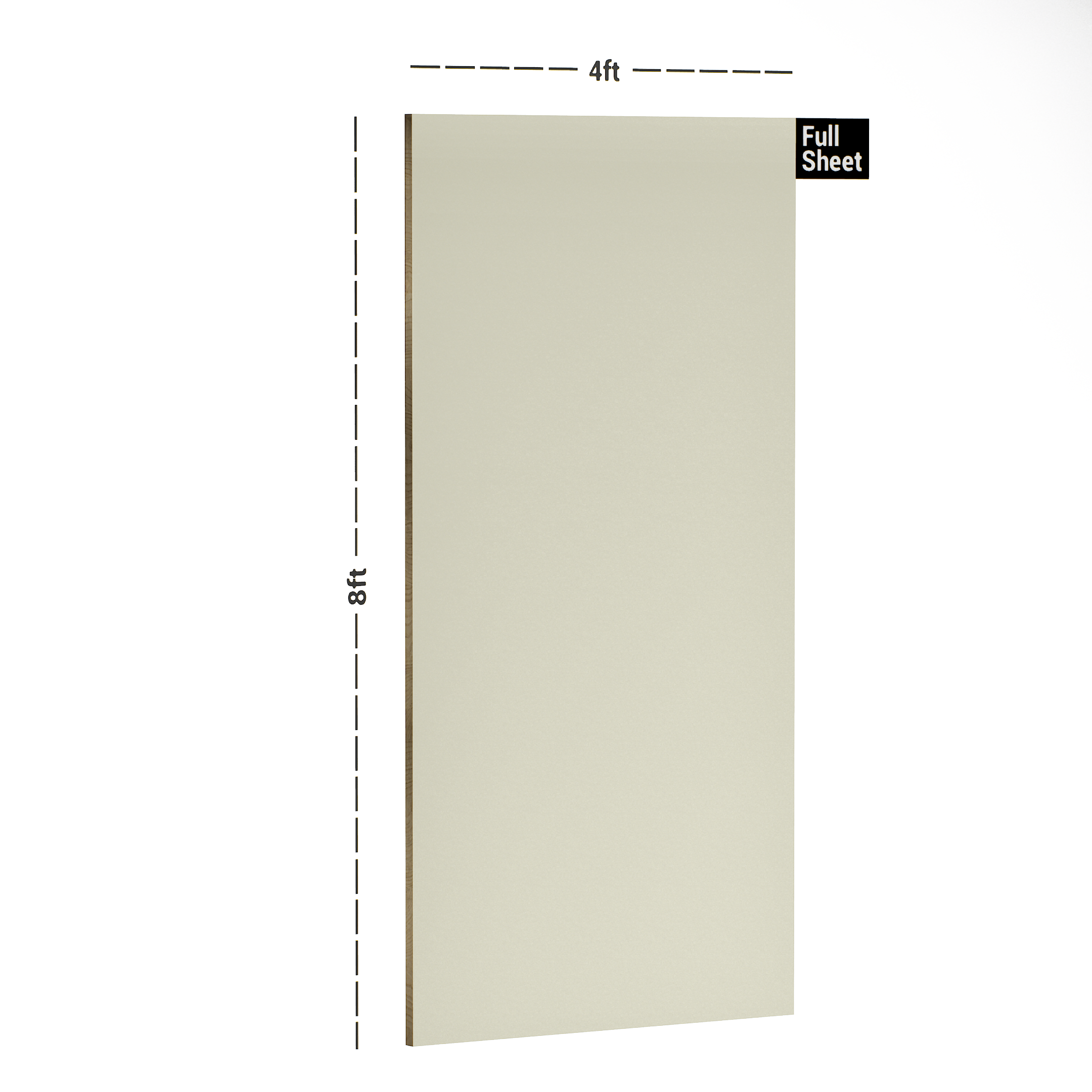 Dimension image of 4131 SF Ivory 8 ft x 4 ft Suede Finish Decorative Laminate - 1 mm in an isometric setup | Material Depot