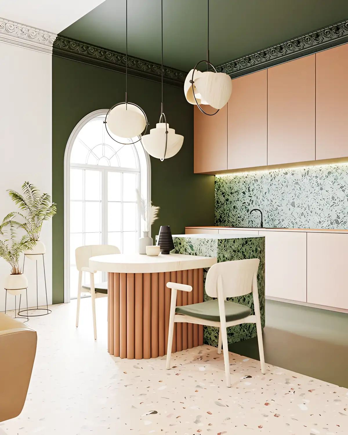 Light Pink Laminates Kichen Unit With Green Terrazzo | Material Depot