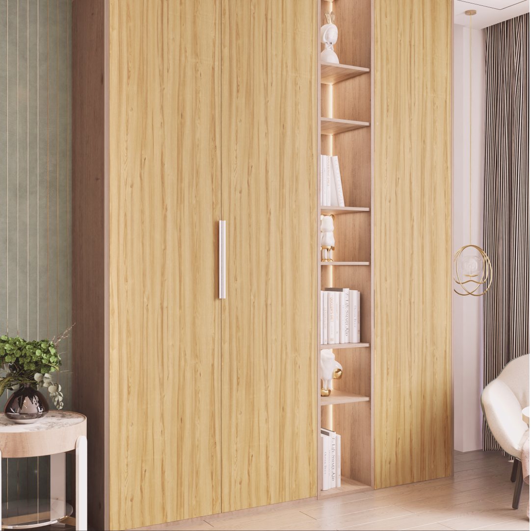 Light Wooden Laminate Wardrobe with Open Bookshelf for Modern Bedroom Design | Material Depot