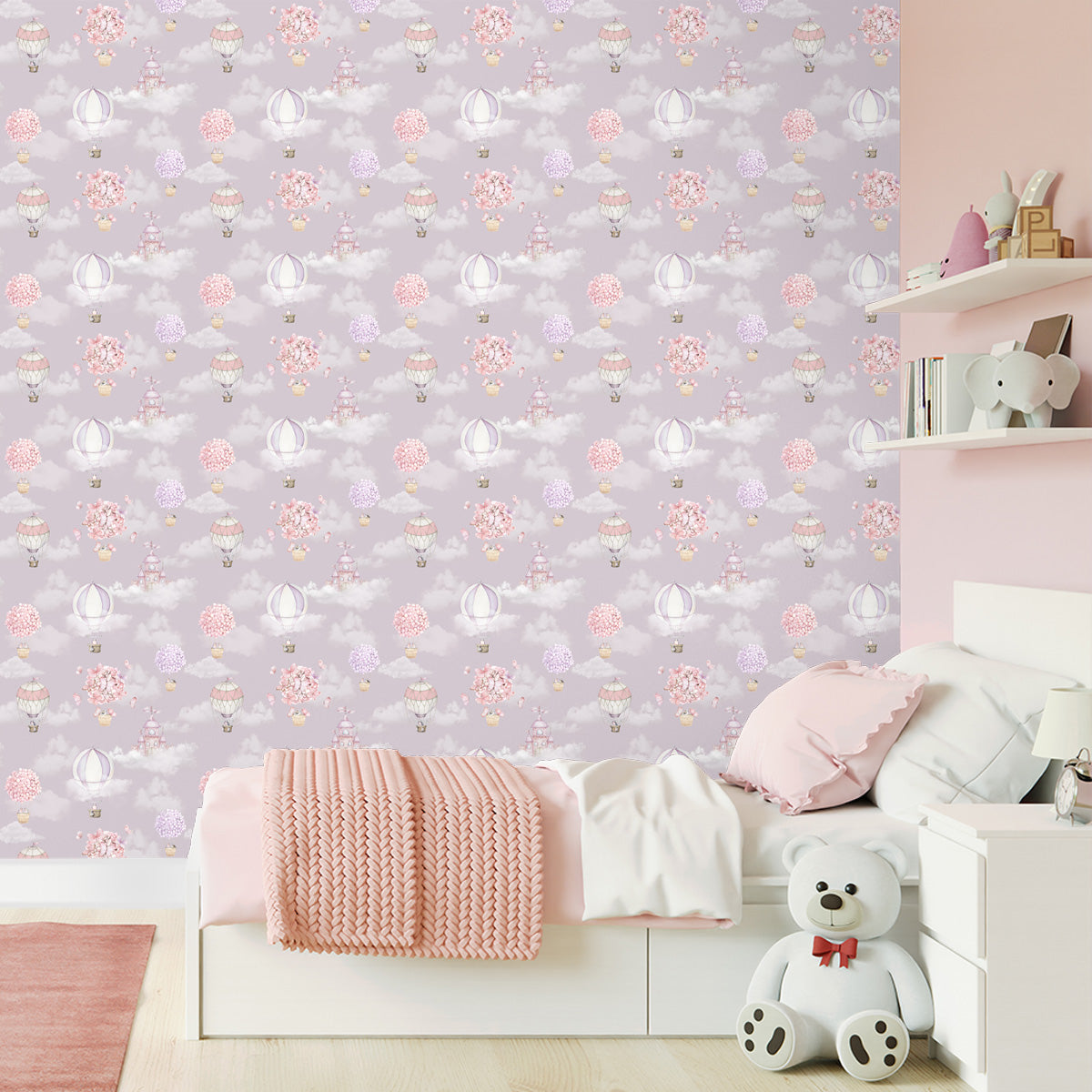 A close-up of a Balloons of Blooms, Adorable Hot Air Balloon Wallpaper for Girls Room, Lilac 19.6 Inches(W) x 420 Inches(H) Atarangi Series Patterned Patterned - 57 Sq. Ft. with a finish available at Material Depot in Bangalore