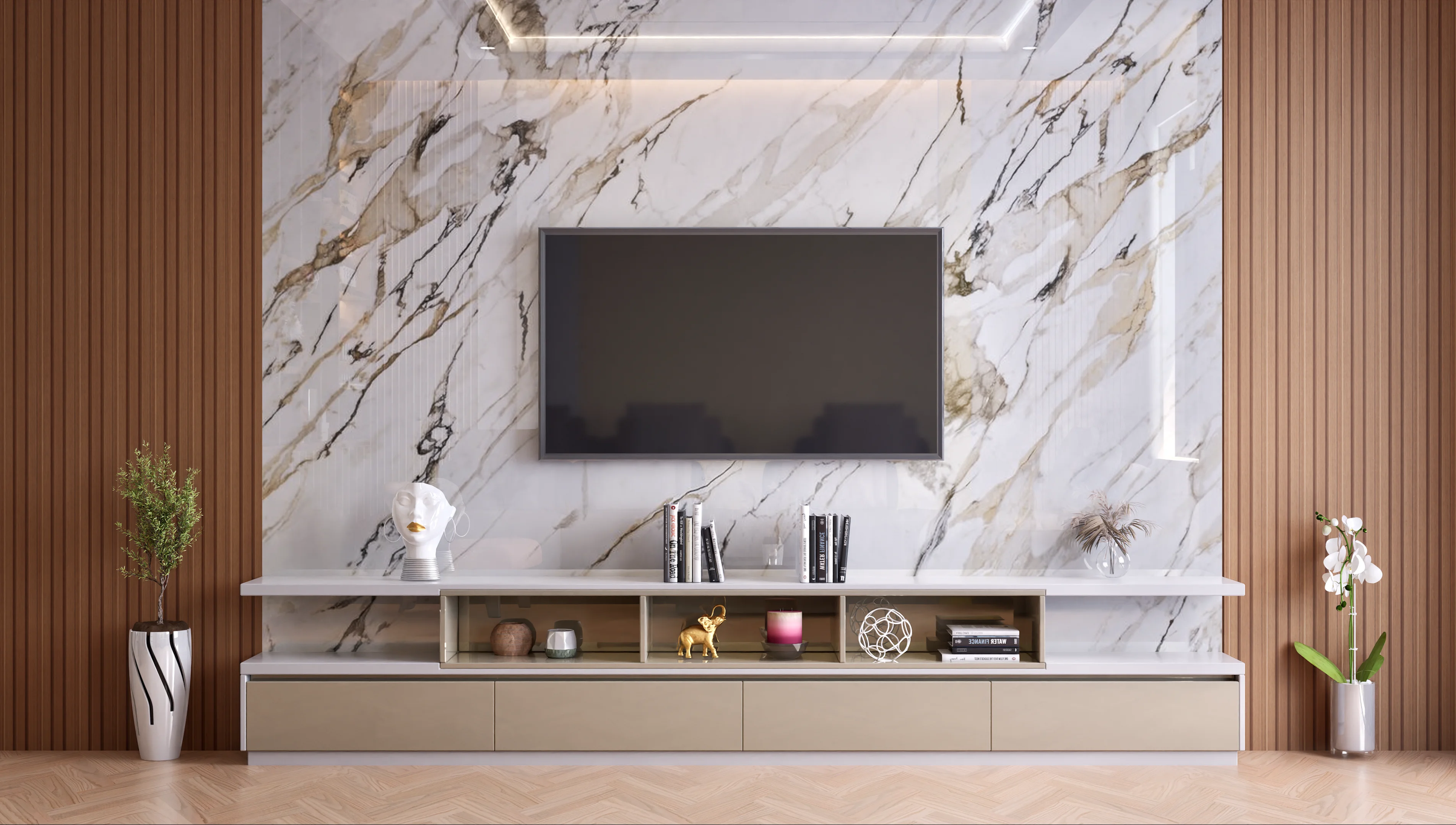 Living Room with Acrylic Marble Accent Wall and TV Console | Material Depot