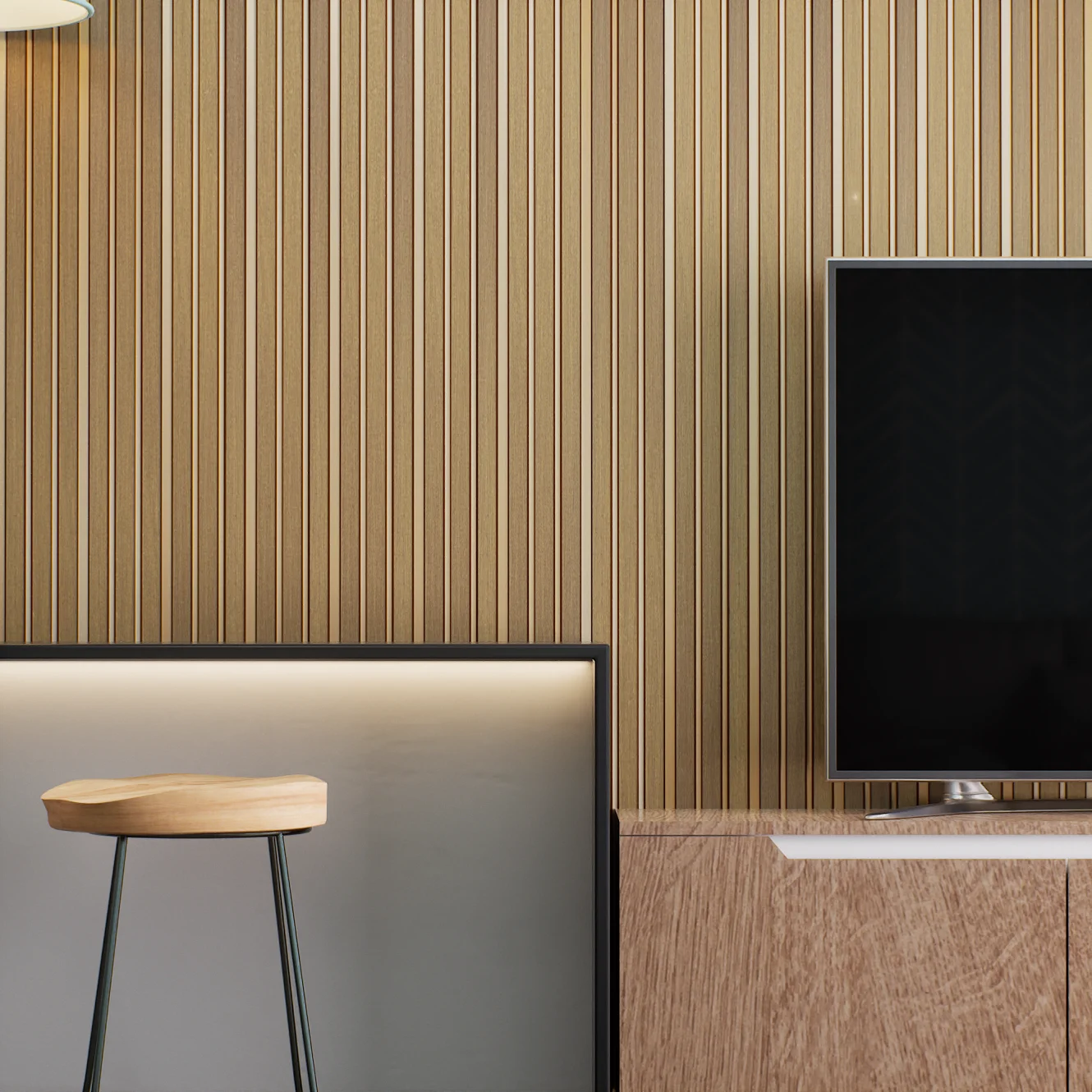 Living Room with Vertical Striped Wall Paneling and TV | Material Depot