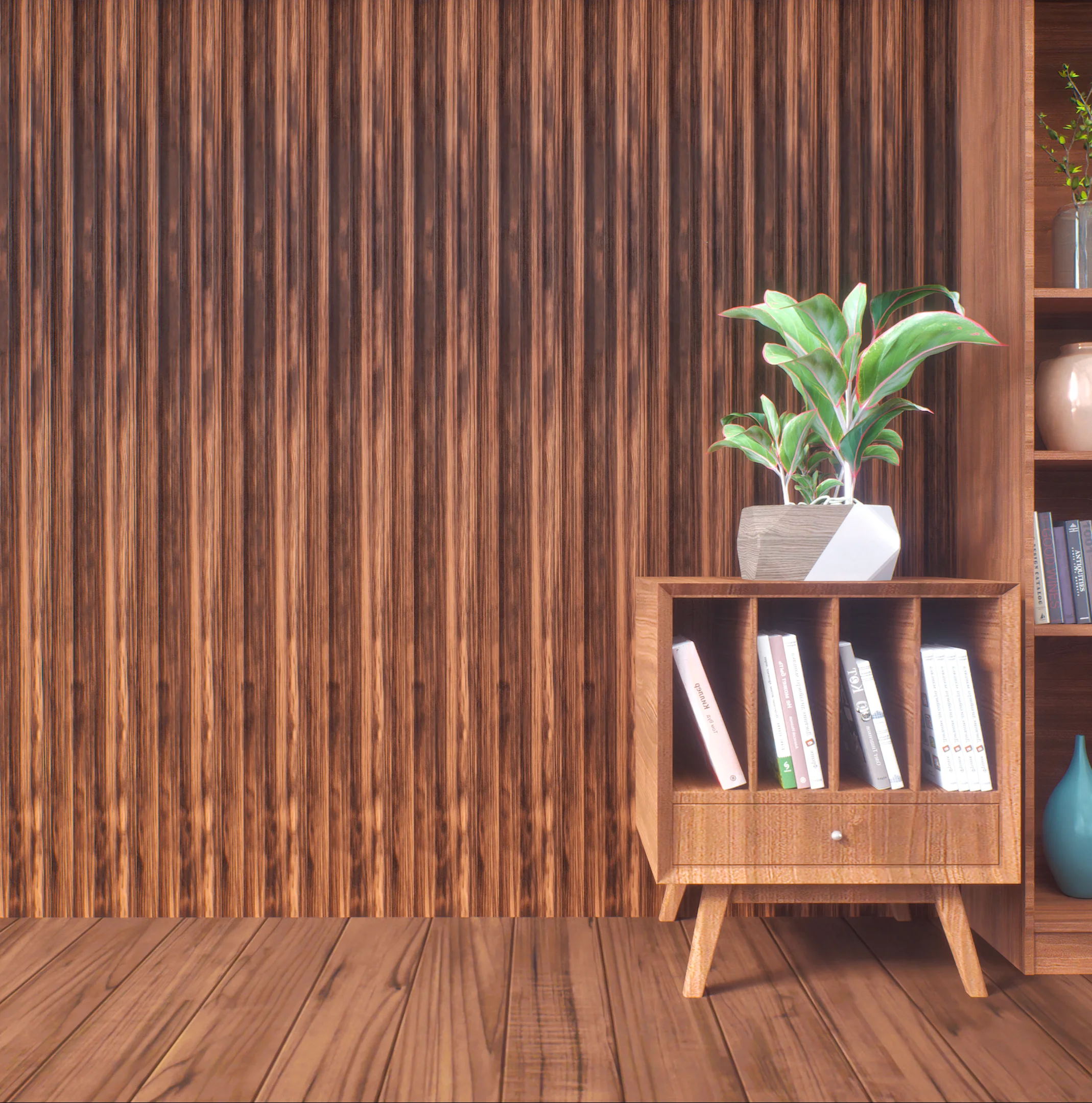 Living Room with Wood-Paneled Wall and Bookshelf | Material Depot