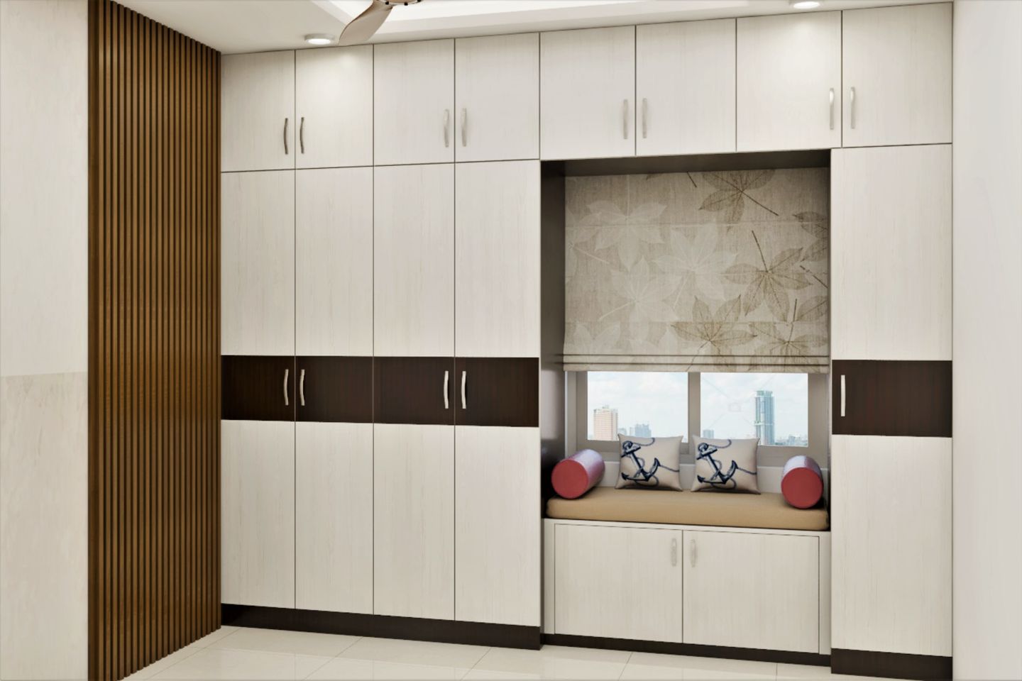 Floor-to-Ceiling Hinged Wardrobe with Loft and Seating.