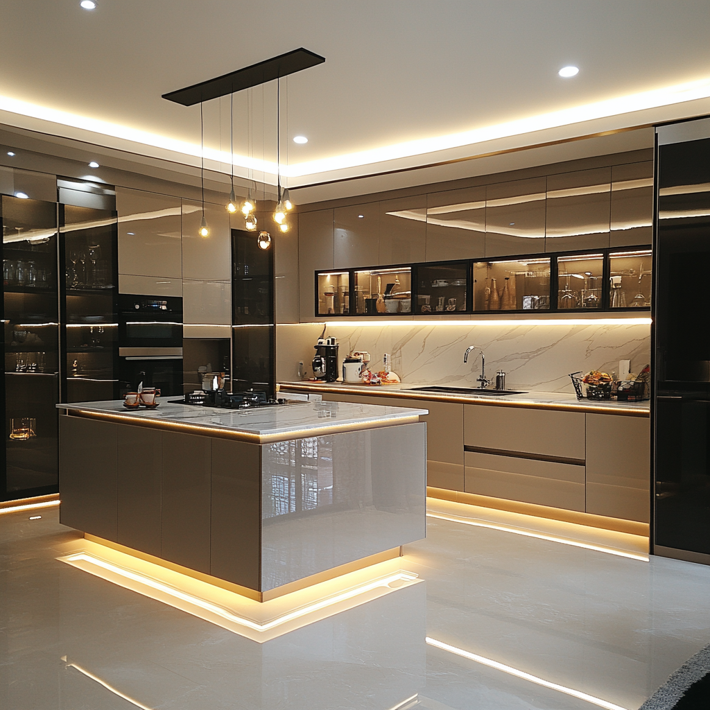 Luminous Modern Kitchen with Golden Highlights and Marble Island | Material Depot