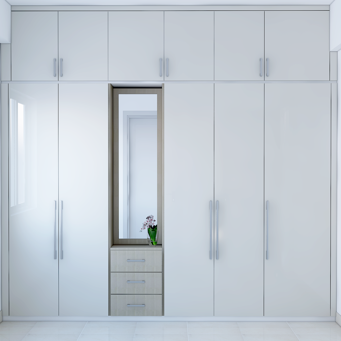 White Glossy Wardrobe with Integrated Mirror