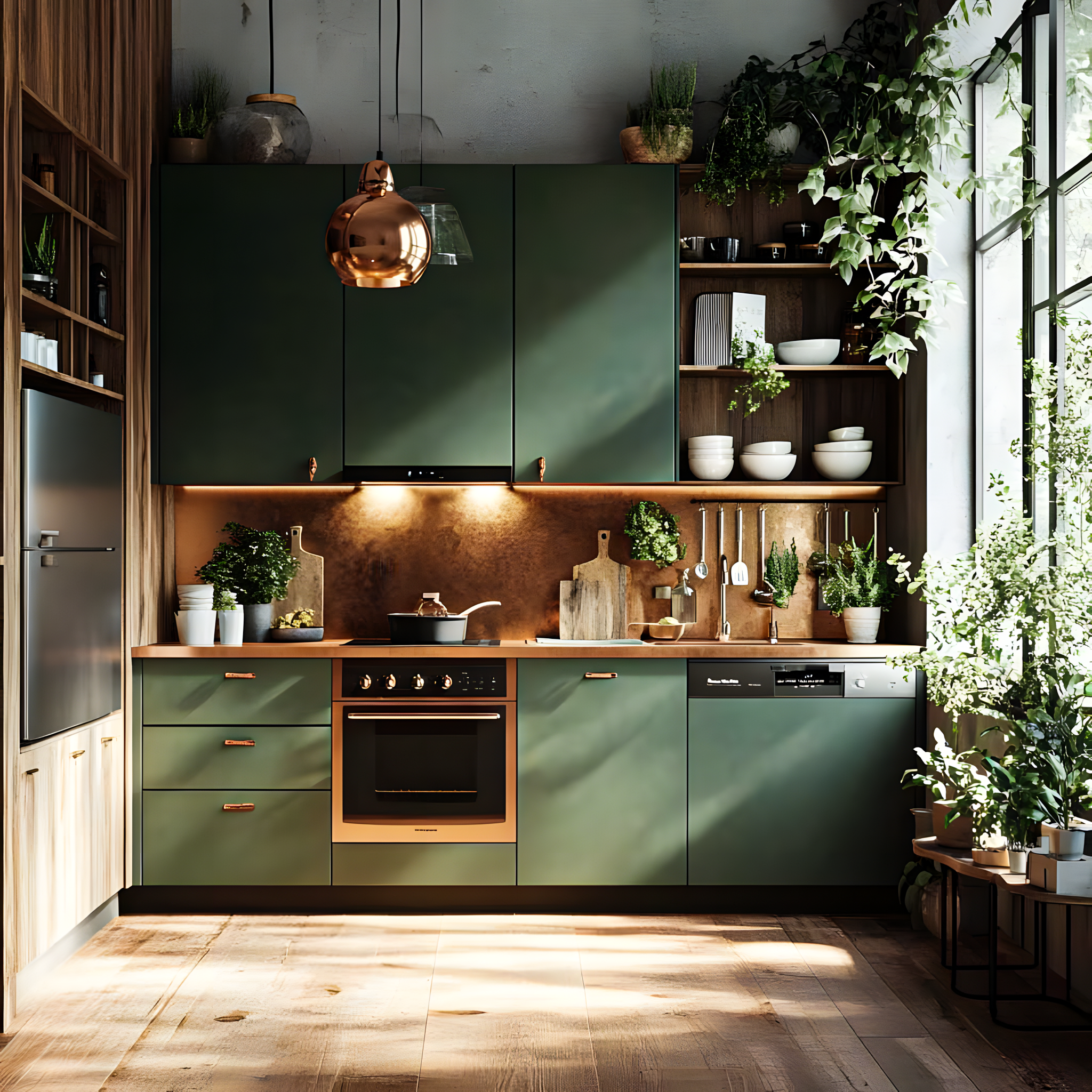 Lush green kitchen with natural wood elements, metallic details, and an earthy warm vibe. | Material Depot