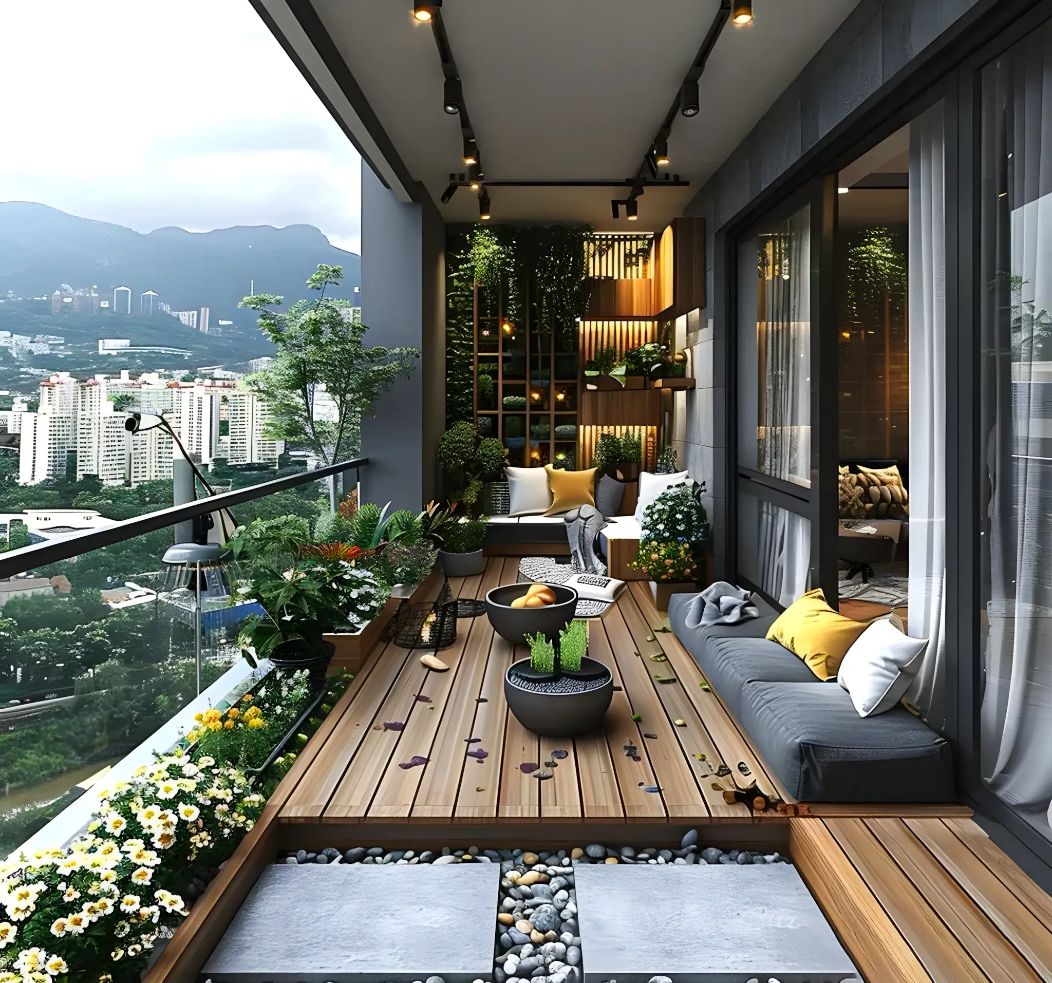 Lush Modern Balcony with Garden Oasis and City View | Material Depot