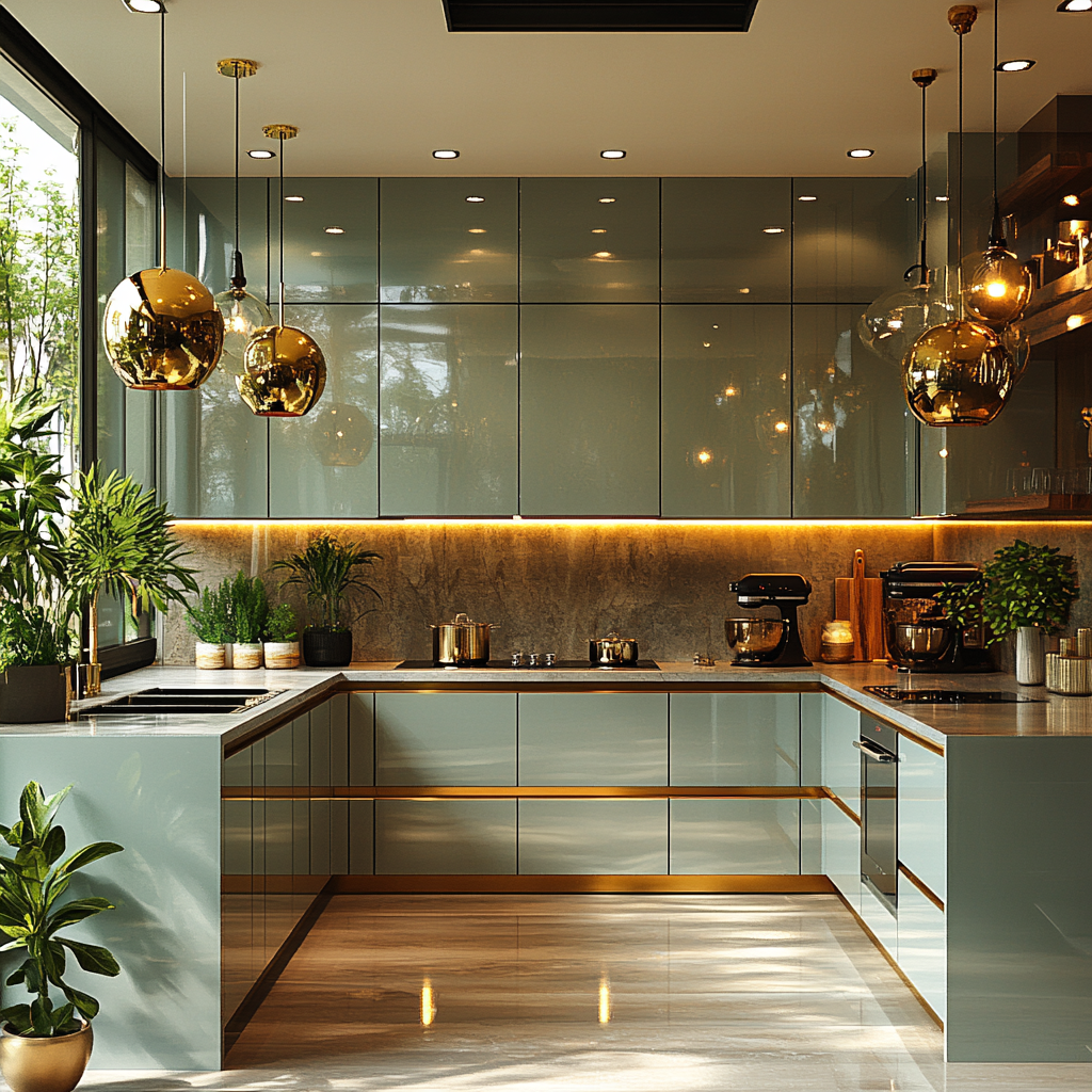 Luxe Green and Gold Kitchen with Metallic Accents and Glossy Surfaces | Material Depot