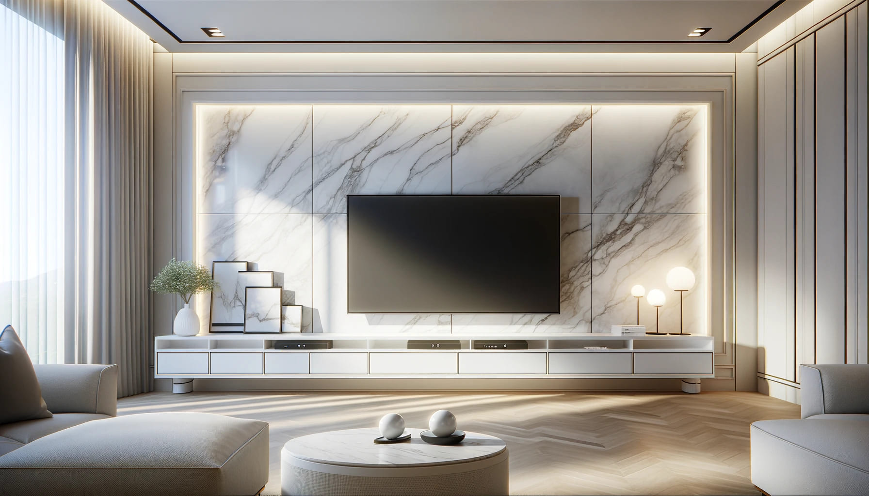 Luxe Modern Living Space with Marble Accents and Ambient Light | Material Depot