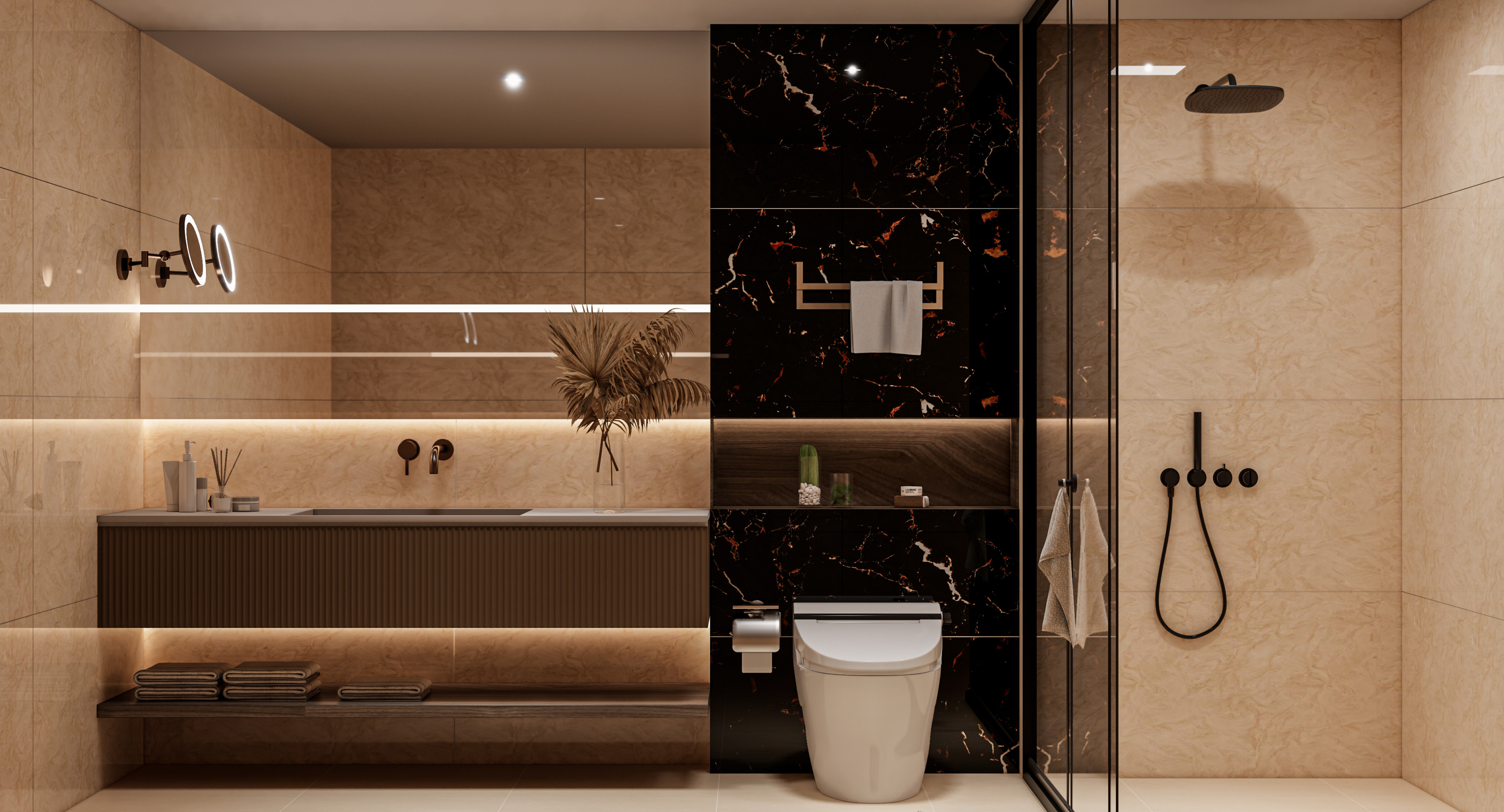 Luxurious Bathroom with Black Marble Accent Wall | Material Depot