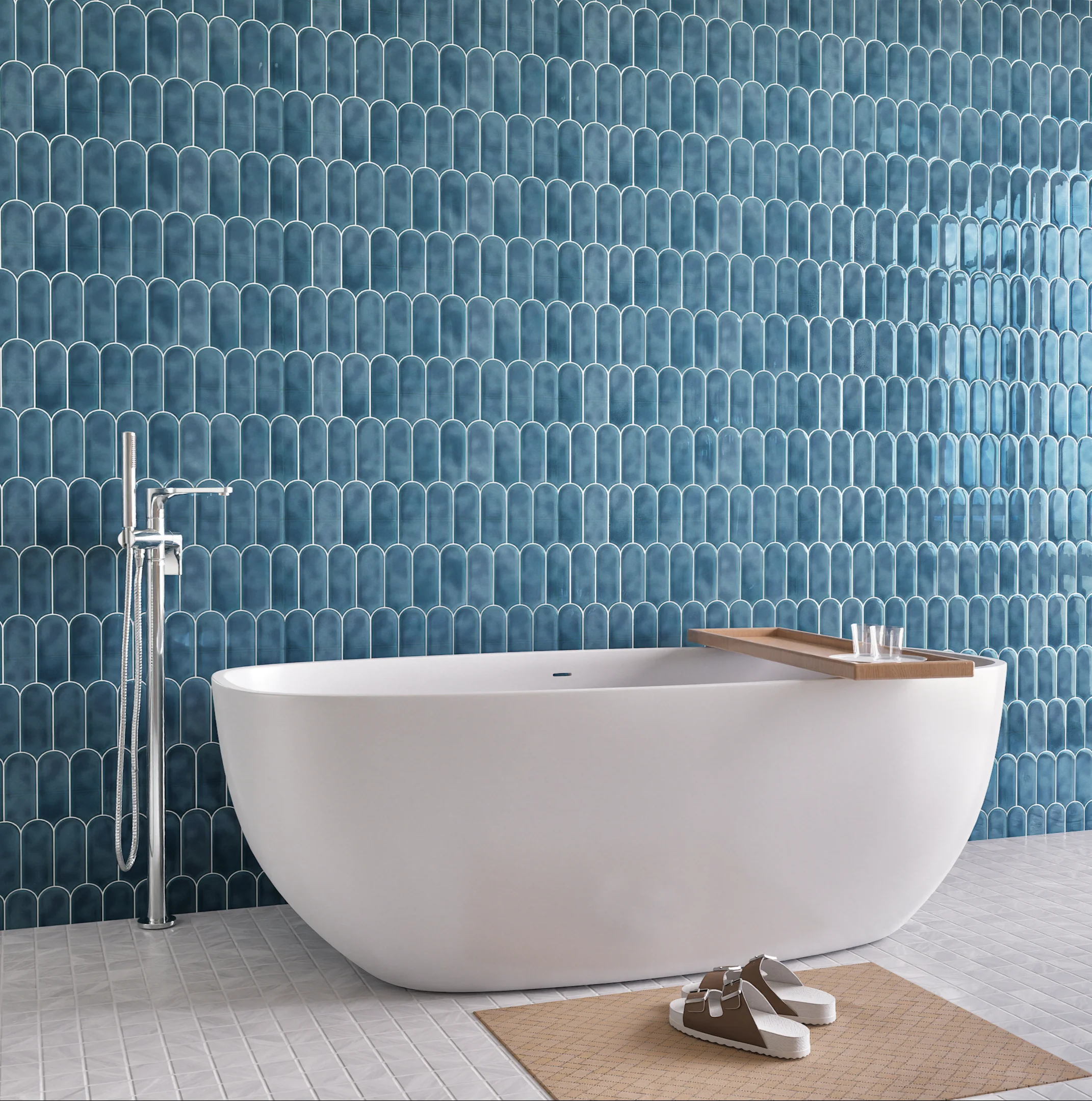 Luxurious Bathroom with Blue Scalloped Tiles | Material Depot