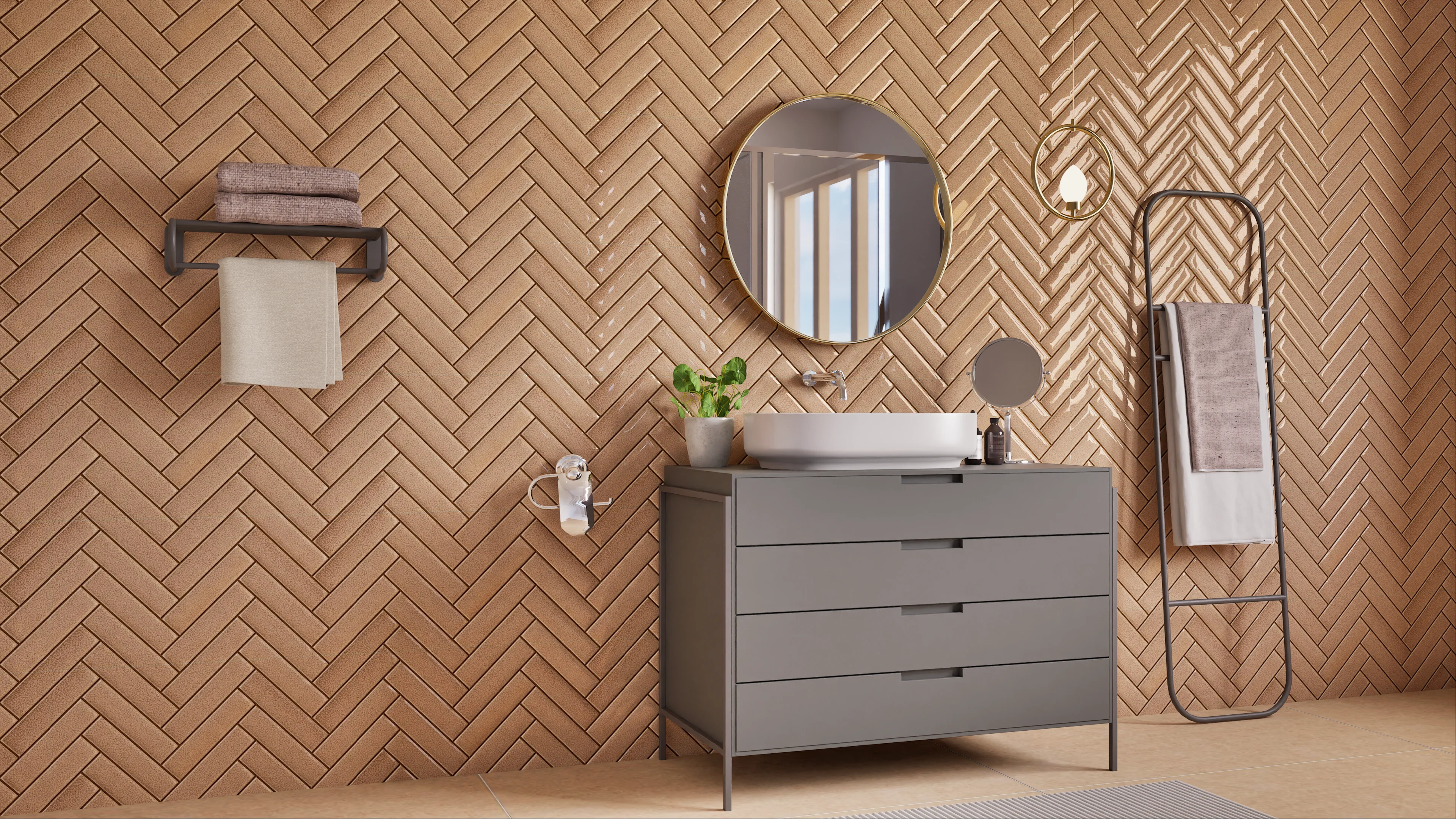 Luxurious Bathroom with Golden Herringbone Tile Wall | Material Depot