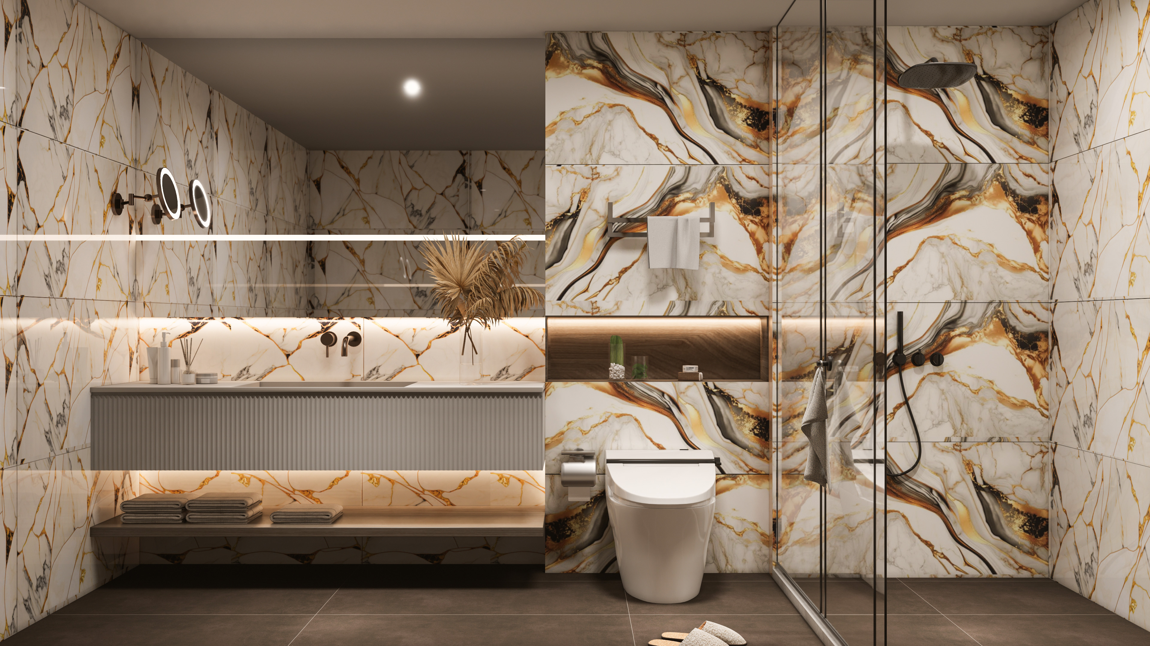 Luxurious Bathroom with Golden Veined Marble Tiles | Material Depot