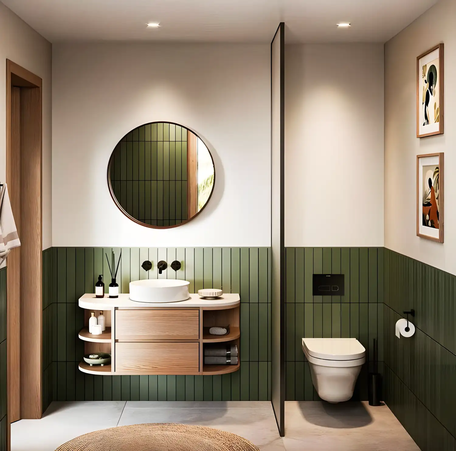 Luxurious Bathroom With Green And Wooden Accents | Material Depot