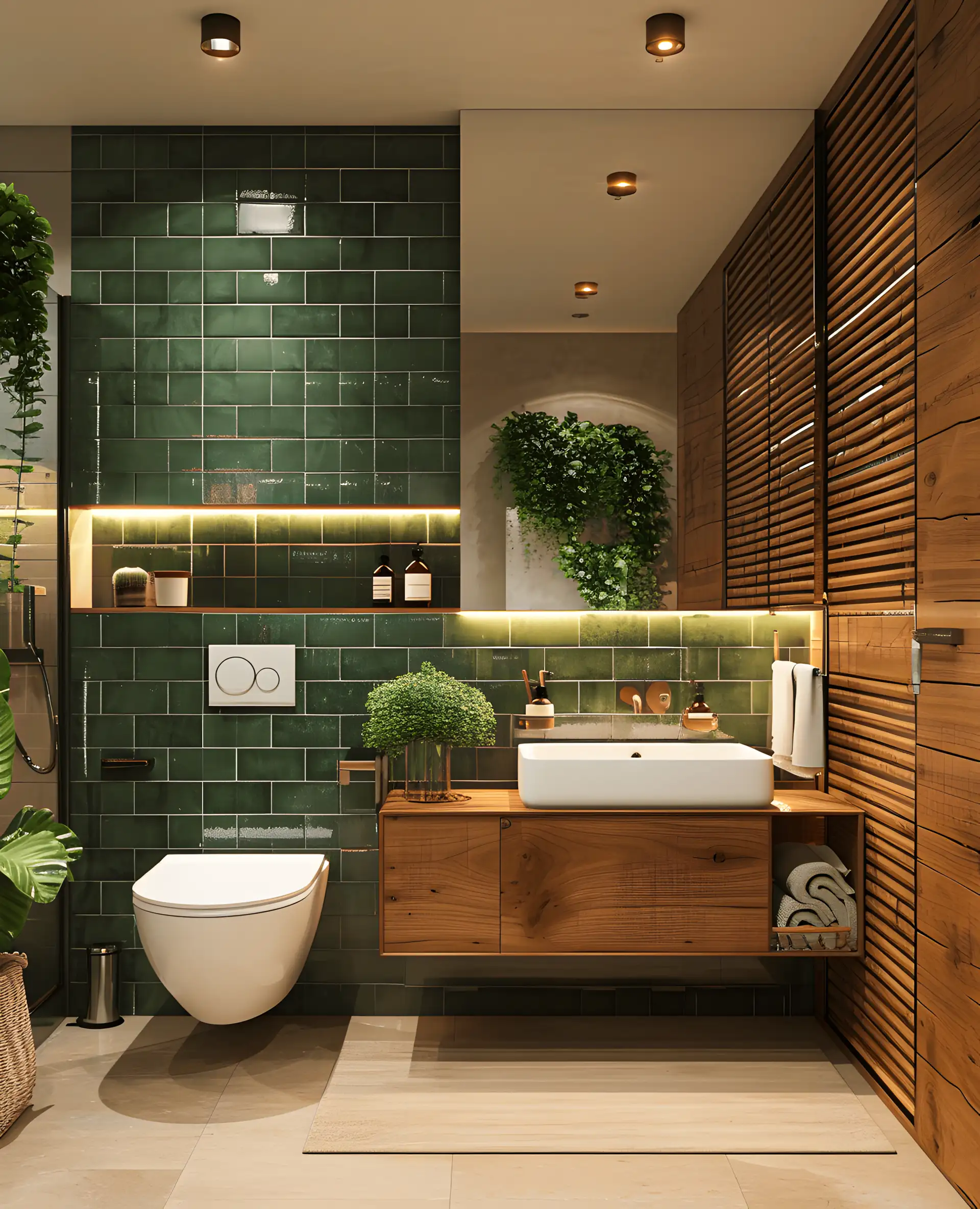 Luxurious Bathroom With Green Tiles And Wooden Elements | Material Depot