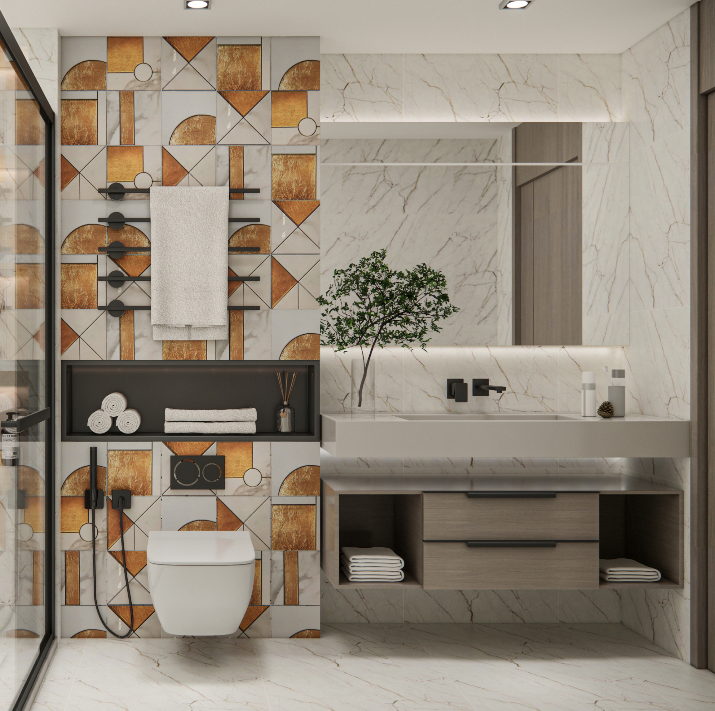 Luxurious Bathroom with Handcrafted Highlighter Tiles and Marble Finishes | Material Depot