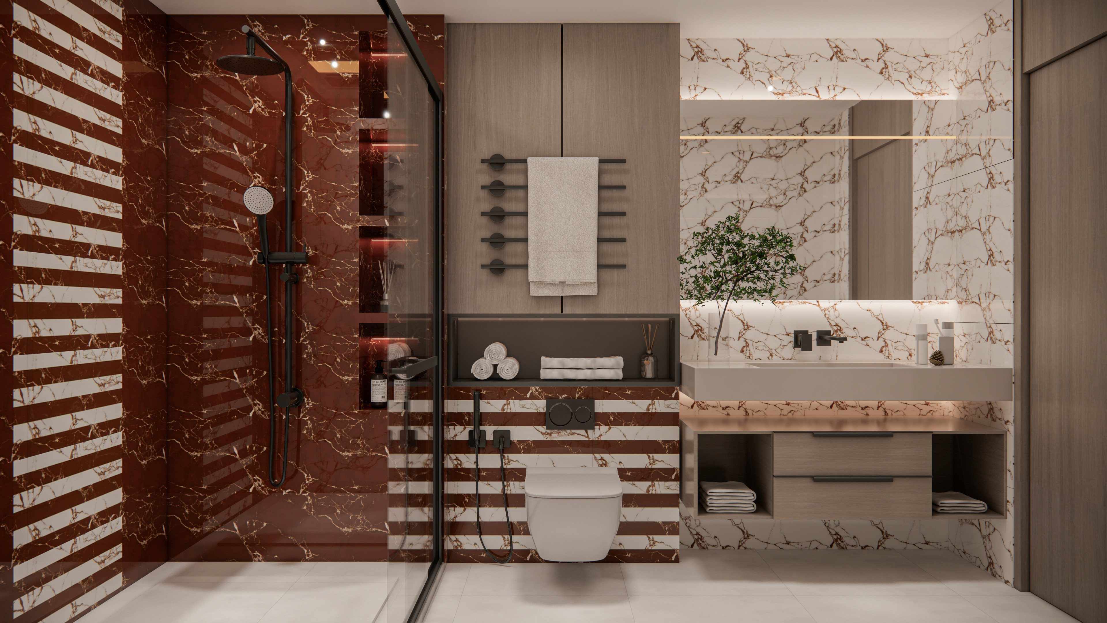 Luxurious Bathroom with Red Marble Accent Wall | Material Depot