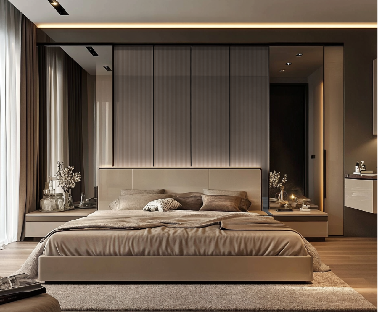 Luxurious Bedroom Design with Fluted Acrylic Wardrobe and Warm Beige Tones | Material Depot