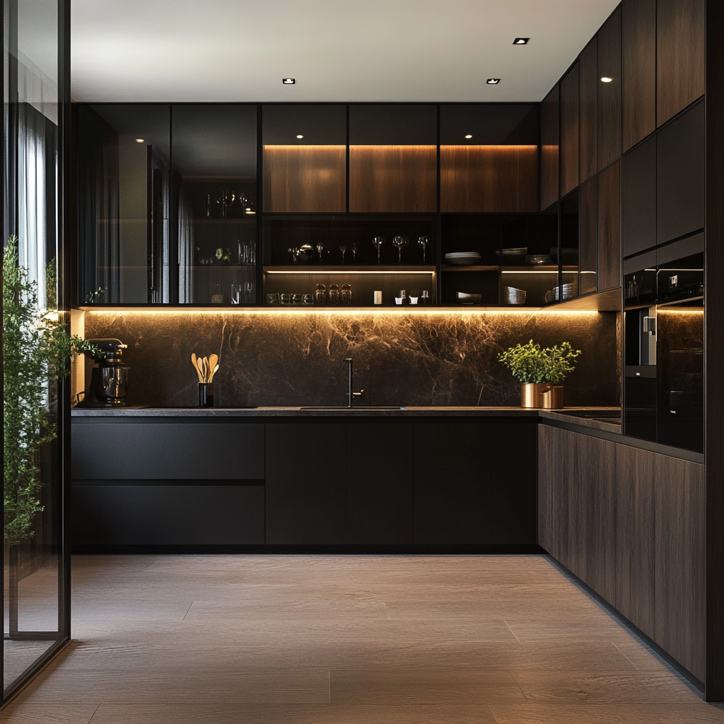 Luxurious Black and Wood Kitchen with Marble Backsplash and Ambient Lighting | Material Depot