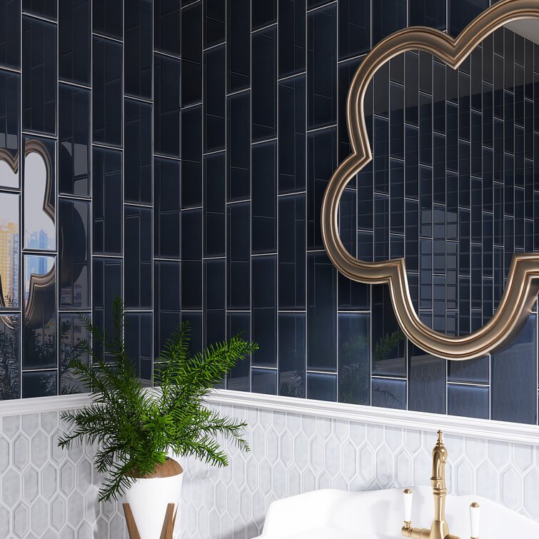 Luxurious Contrast Reflective Black Tiles with Golden Accents | Material Depot