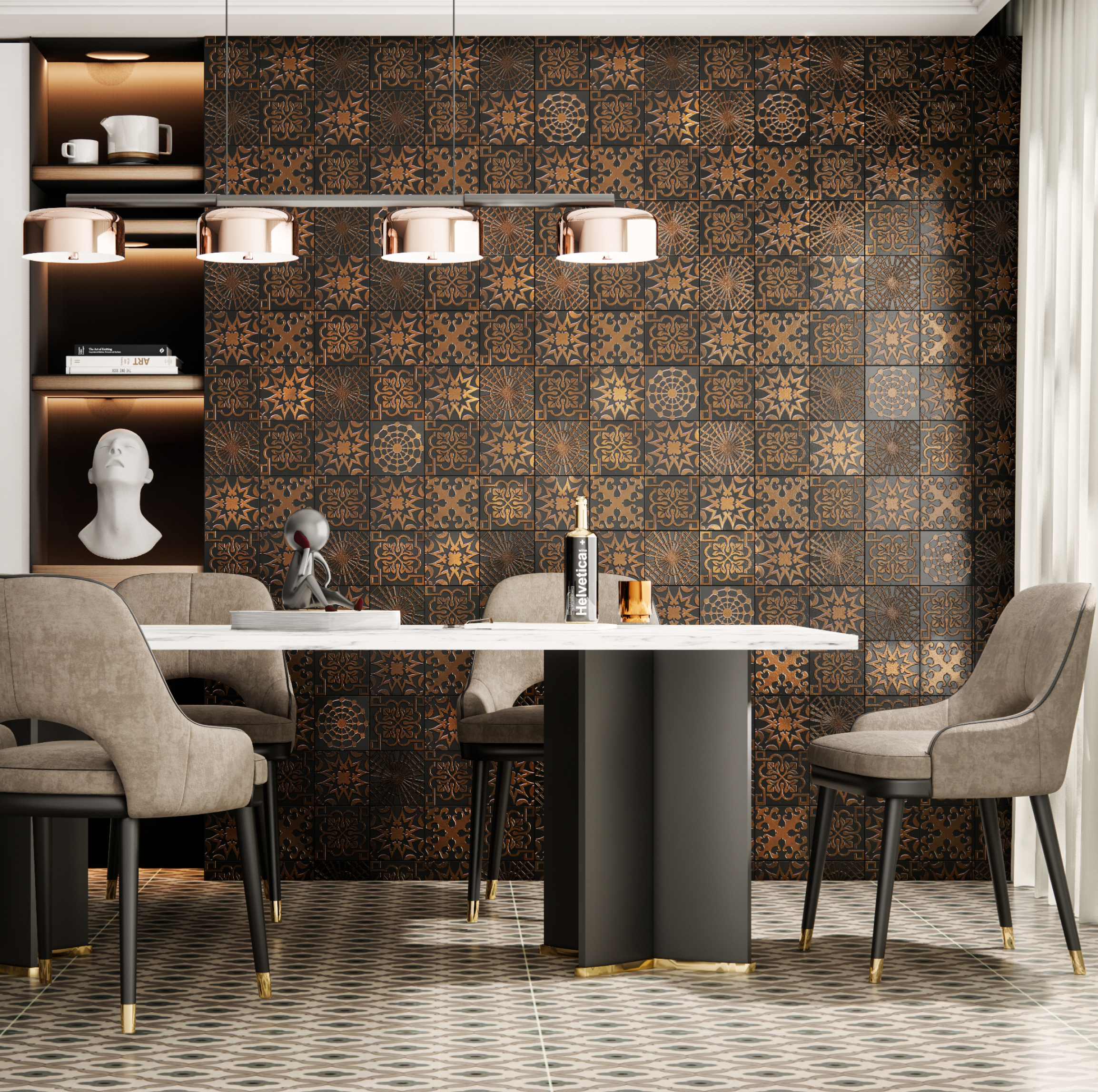 Luxurious Dining Space with Intricate Patterned Accent Wall and Elegant Decor | Material Depot